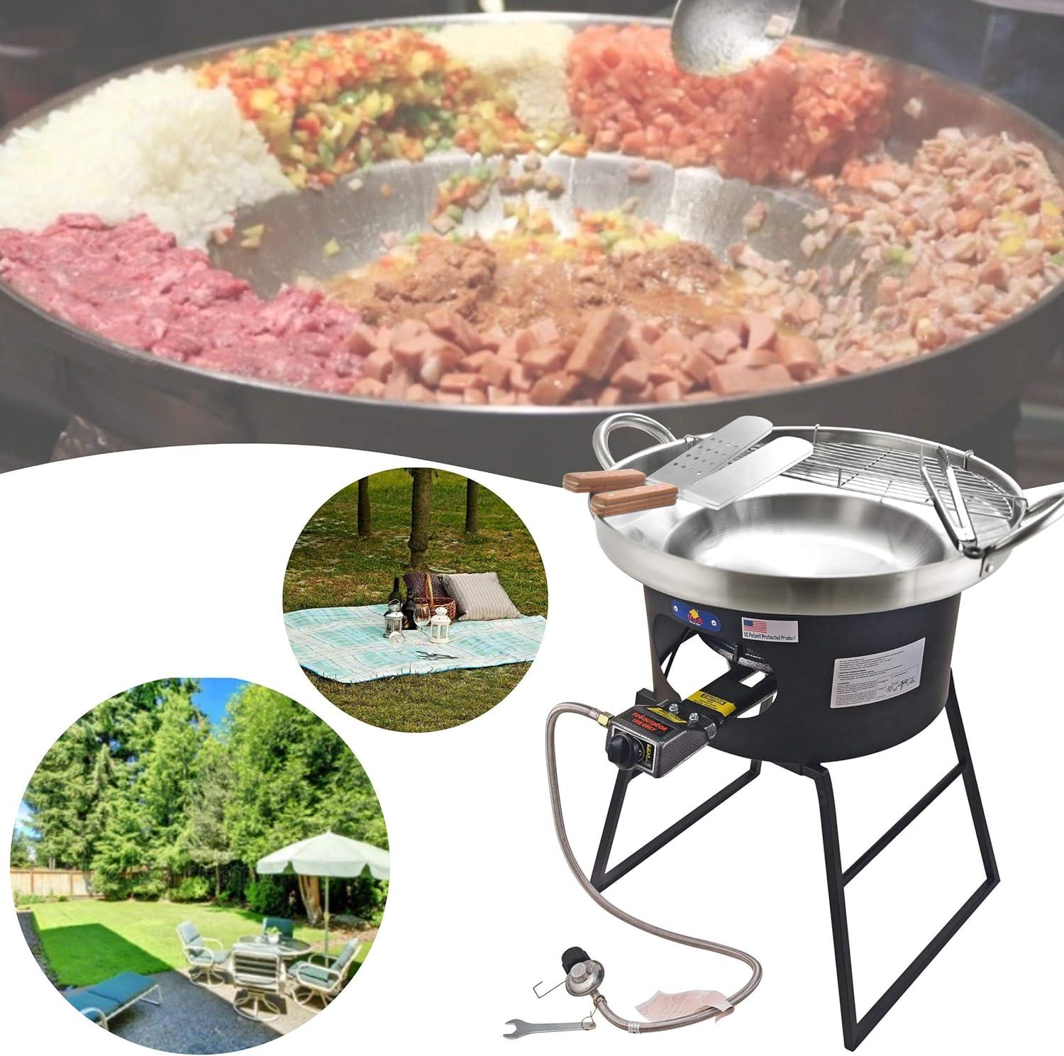 ARC 23" Heavy Duty Stainless Steel Concave Comal Set With Cast Iron Propane Burner 30,000BTU Stove and Burner Stand,Discada Disc Cooker 3 in 1. Great For Backyard Parties & Outdoor Cooking.