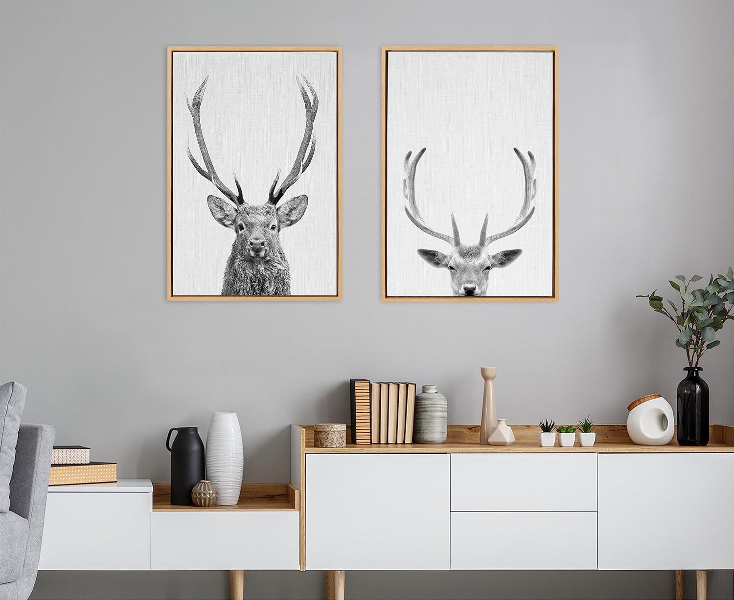 Black and White Deer Portrait Canvas Wall Art with Natural Frame