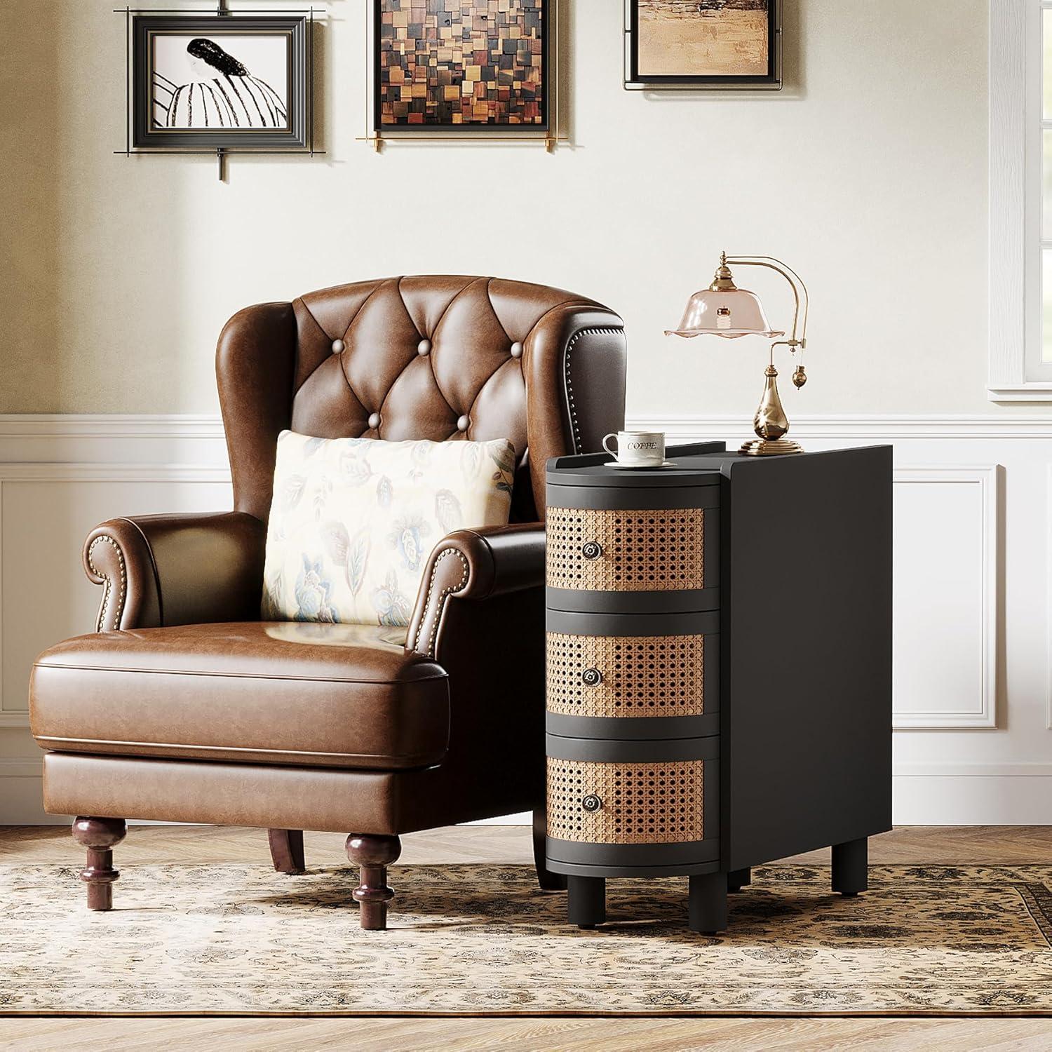 Canddidliike Wood End Table, 3-Drawer Side Table NightStand with 3 Rattan Drawers, End Table for Bedroom, Black