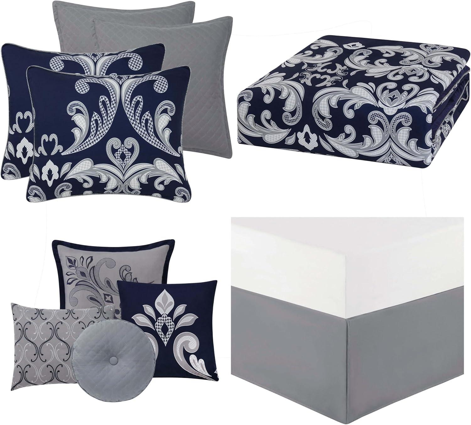 Cottage Classics Dolce Navy & Silver Scroll 10-Piece Comforter Set by Style 212