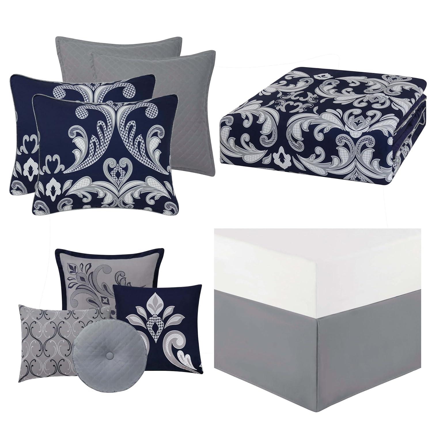 Cottage Classics Dolce Navy & Silver Scroll 10-Piece Comforter Set by Style 212