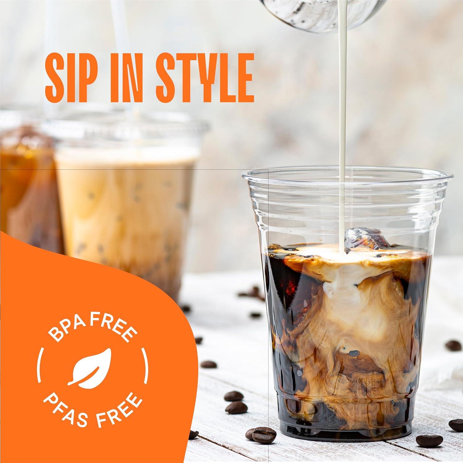 Stack Man Clear Plastic Cups with Lids 12 oz [100 Sets] Disposable Iced Coffee Cups with Straw Lids