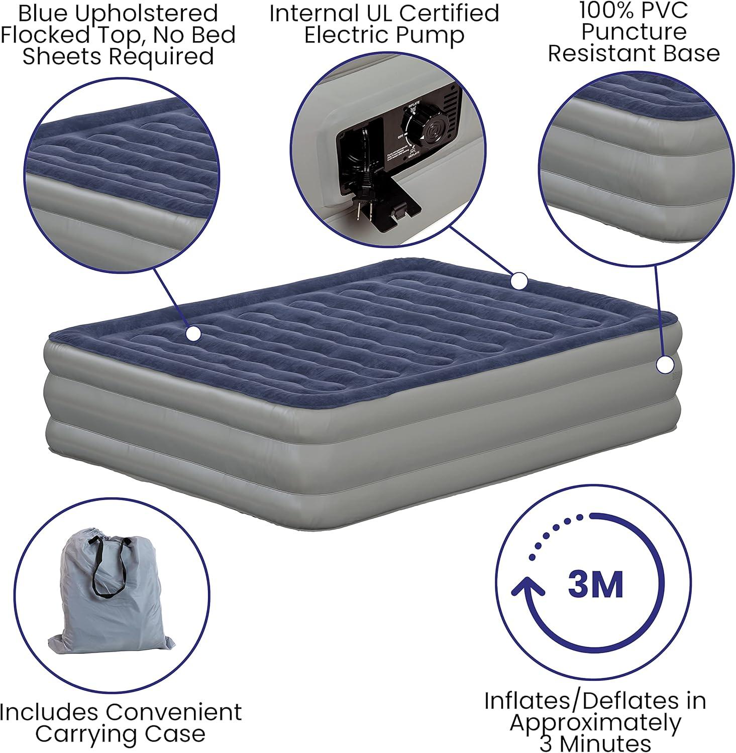 Queen Size Navy and Gray Raised Air Mattress with Built-in Pump