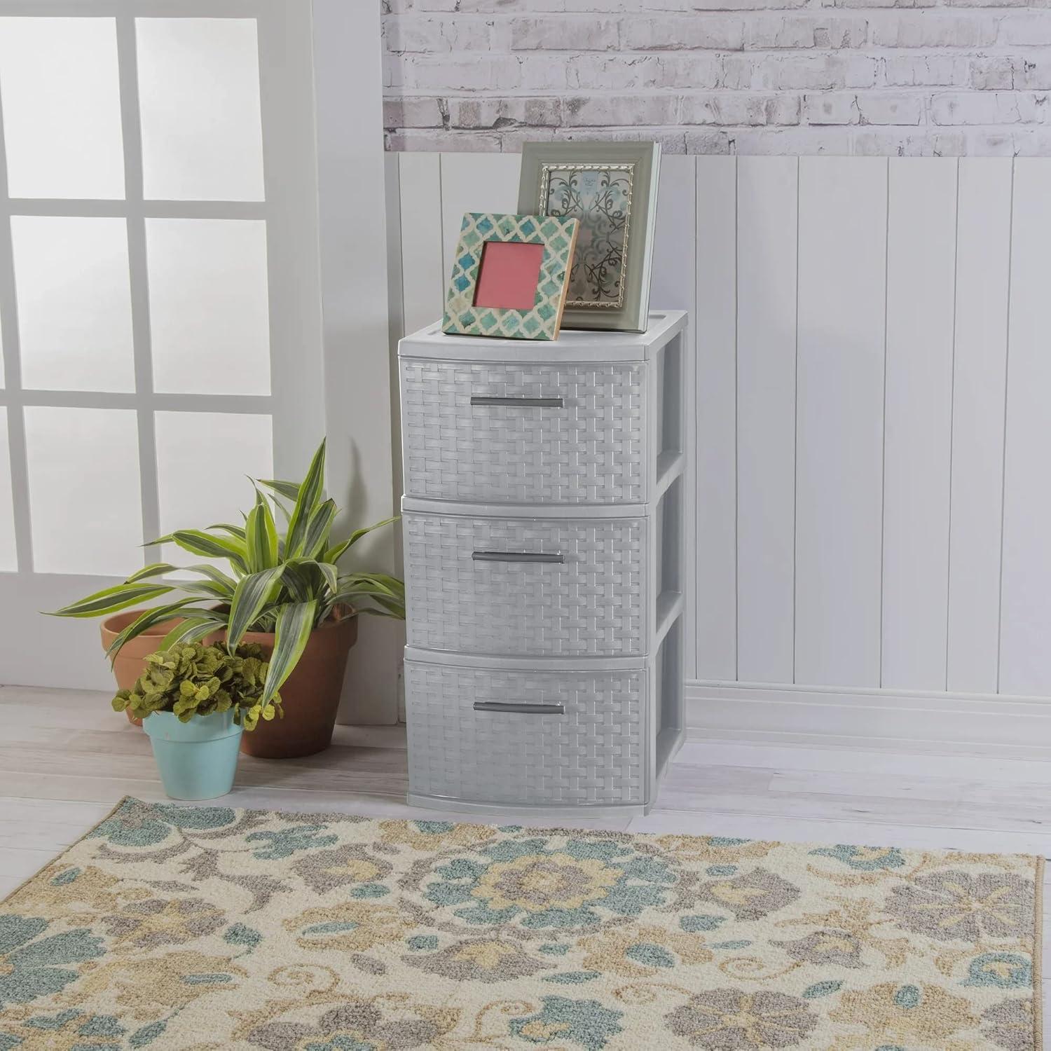 Cement Gray 3-Drawer Weave Plastic Storage Tower