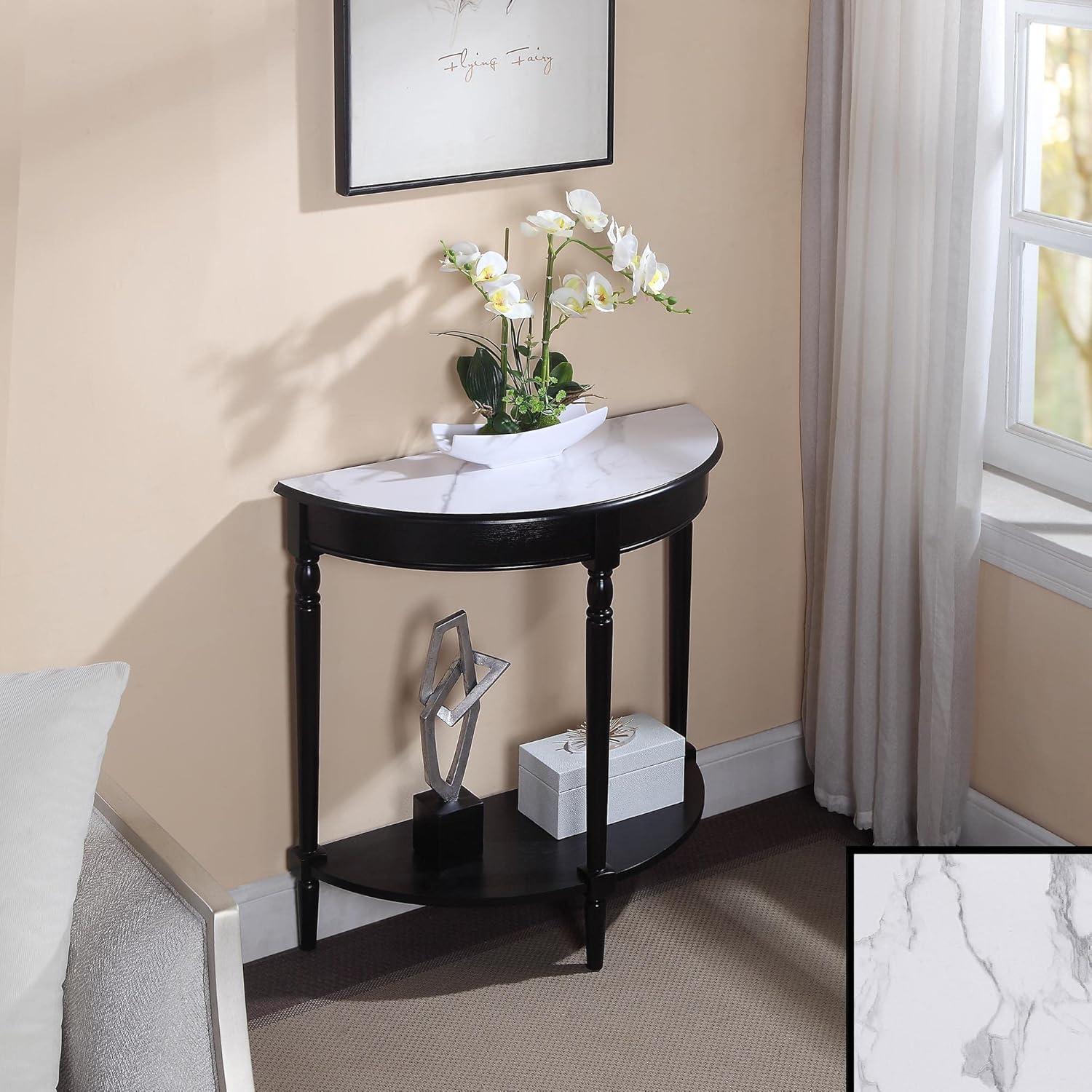 Convenience Concepts French Country Half-Round Entryway Table with Shelf, White Faux Marble/Black