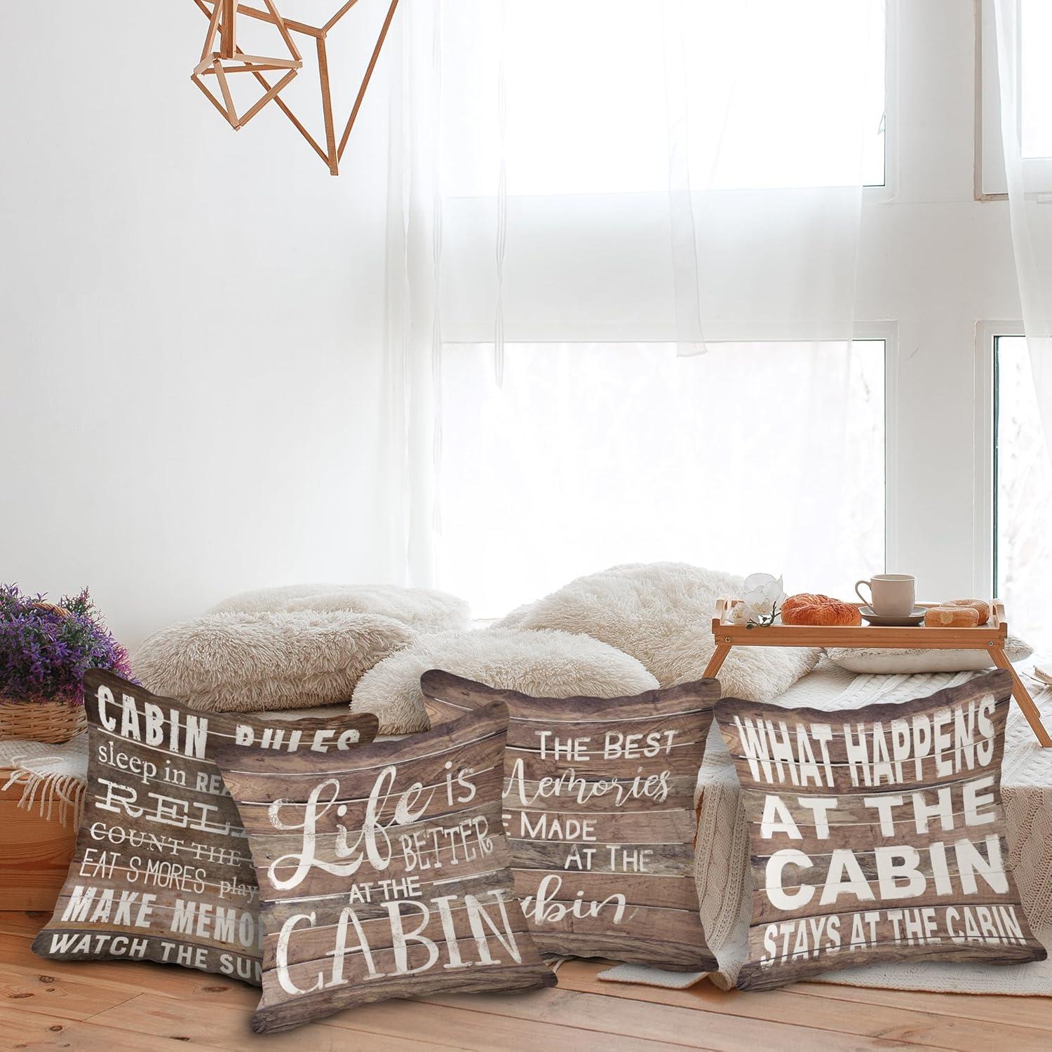 (RB) Life is Better at The Cabin Vintage Wood Grain Throw Pillow Case, 18 x 18 Inch Set of 4, Cabin Outdoor Porch Decorative, Cabin Decor, Cabin Rules Decor, Cabin Pillows Cover for Sofa Couch Bed