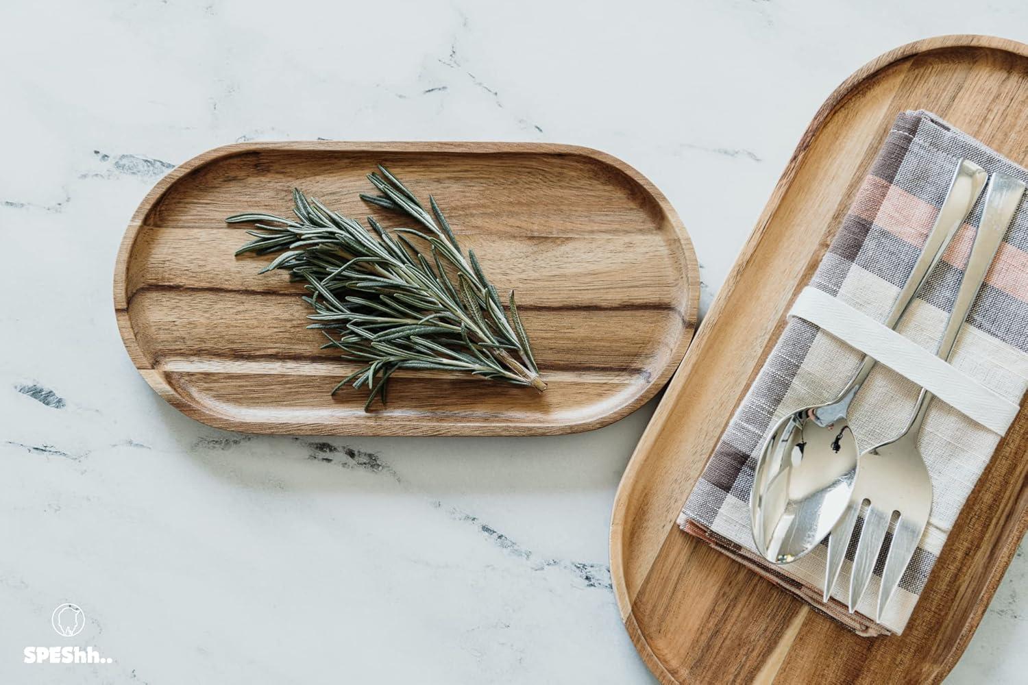 Handcrafted Acacia Wood Rectangular and Oval Serving Trays Set