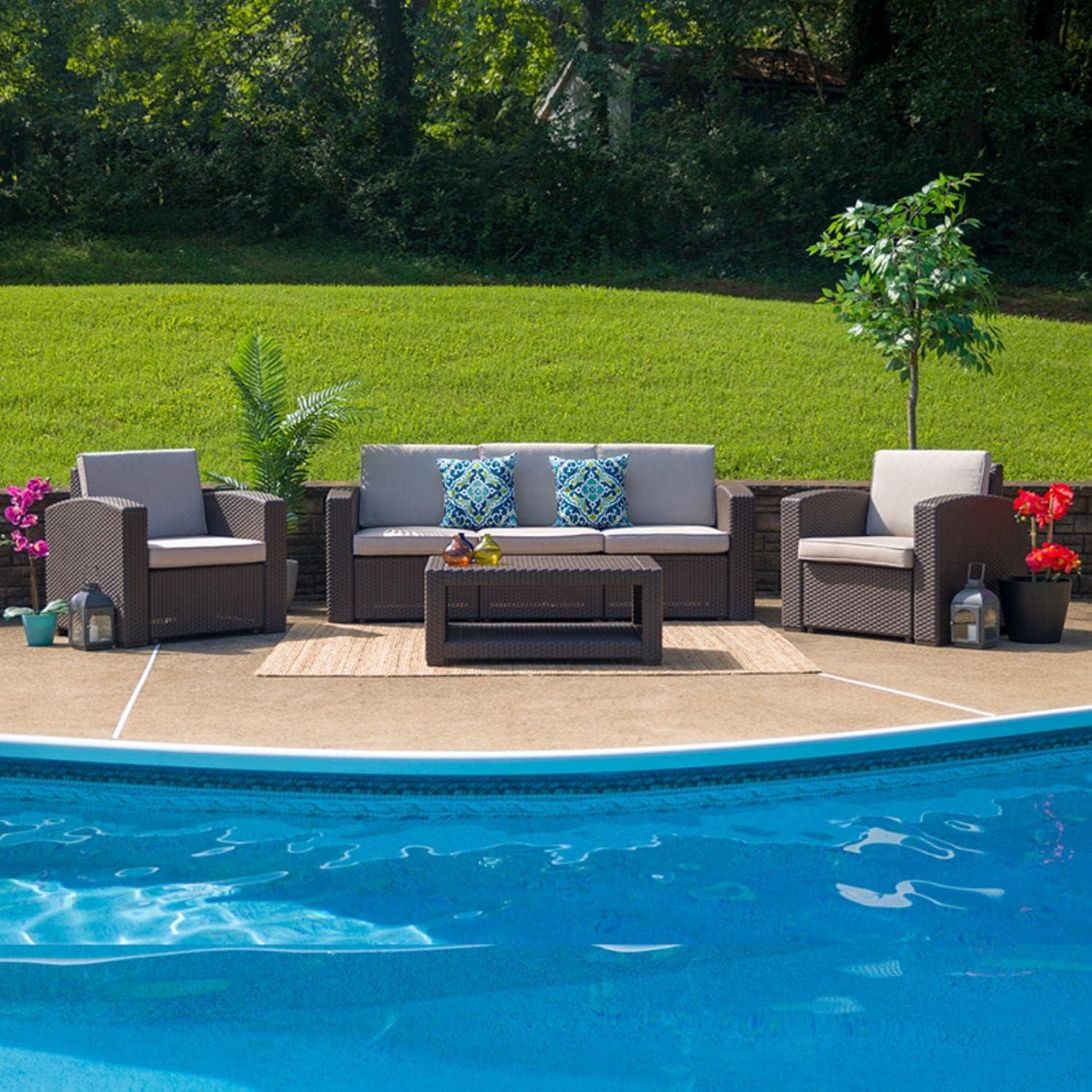 Merrick Lane 4 Piece Dark Gray Faux Rattan Patio Furniture Set with 2 Chairs and Sofa with Removable Light Gray Cushions and Table