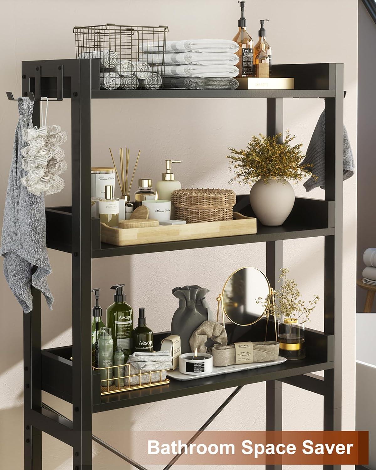 3-Tier Over The Toilet Storage, Space Saver Metal Bathroom Shelves, Freestanding Above Over Toilet Storage Shelf With 4 Hooks For Bathroom, Black
