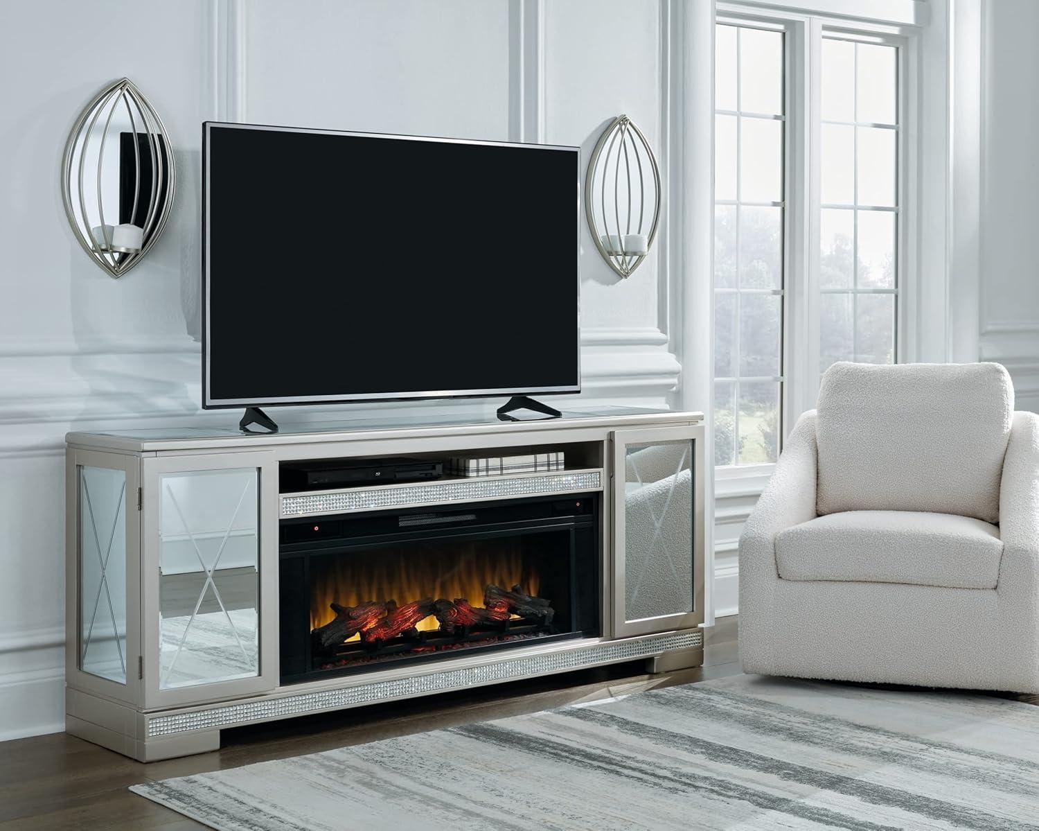 Silver 72" Modern TV Stand with Cabinets and Fireplace Option