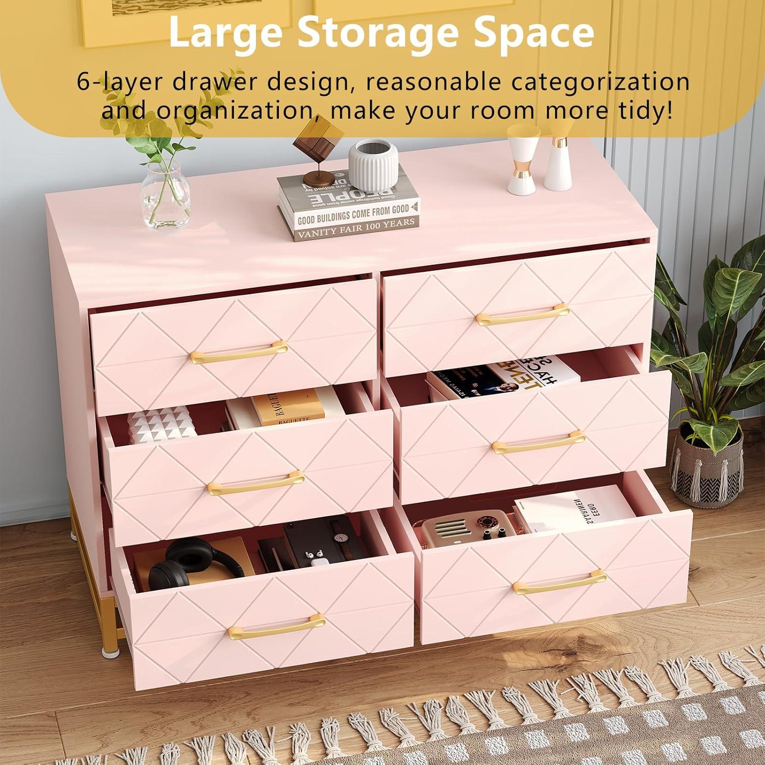 KATIDAP Bedroom Dresser with 6 Drawers, Wooden Dresser for Entryway, Wide Storage Cabinet for Living Room, Pink