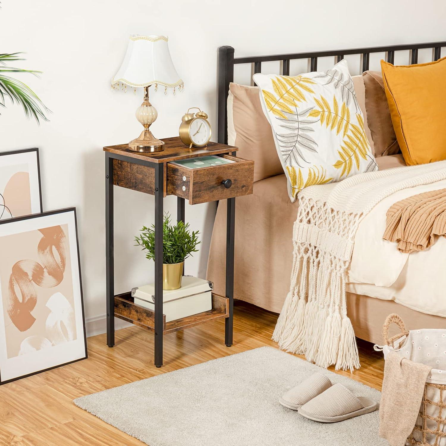 HOOBRO Tall End Table, Nightstand, Industrial Side Table with Drawer and Storage Shelf, for Study, Bedroom, Space Saving, Rustic Brown and Black BF71BZ01