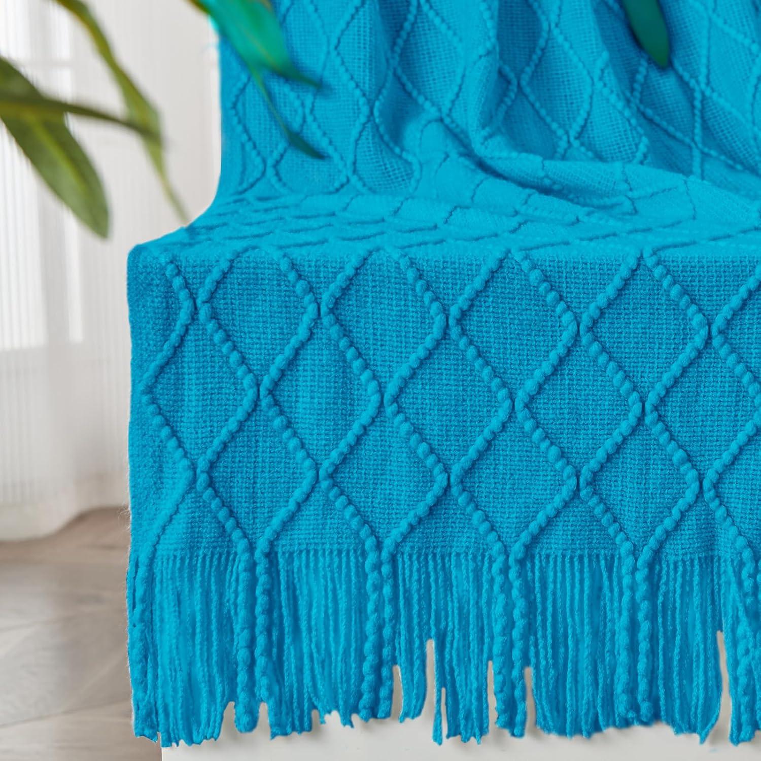 Teal Wool Knitted Lightweight Throw Blanket with Tassels