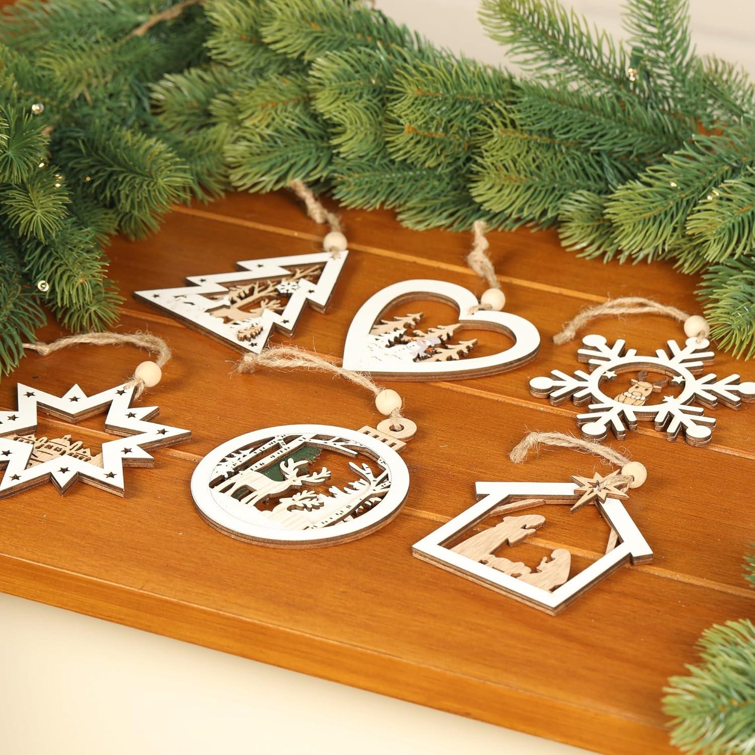 24-Piece Assorted Wooden Reindeer Christmas Ornaments Set