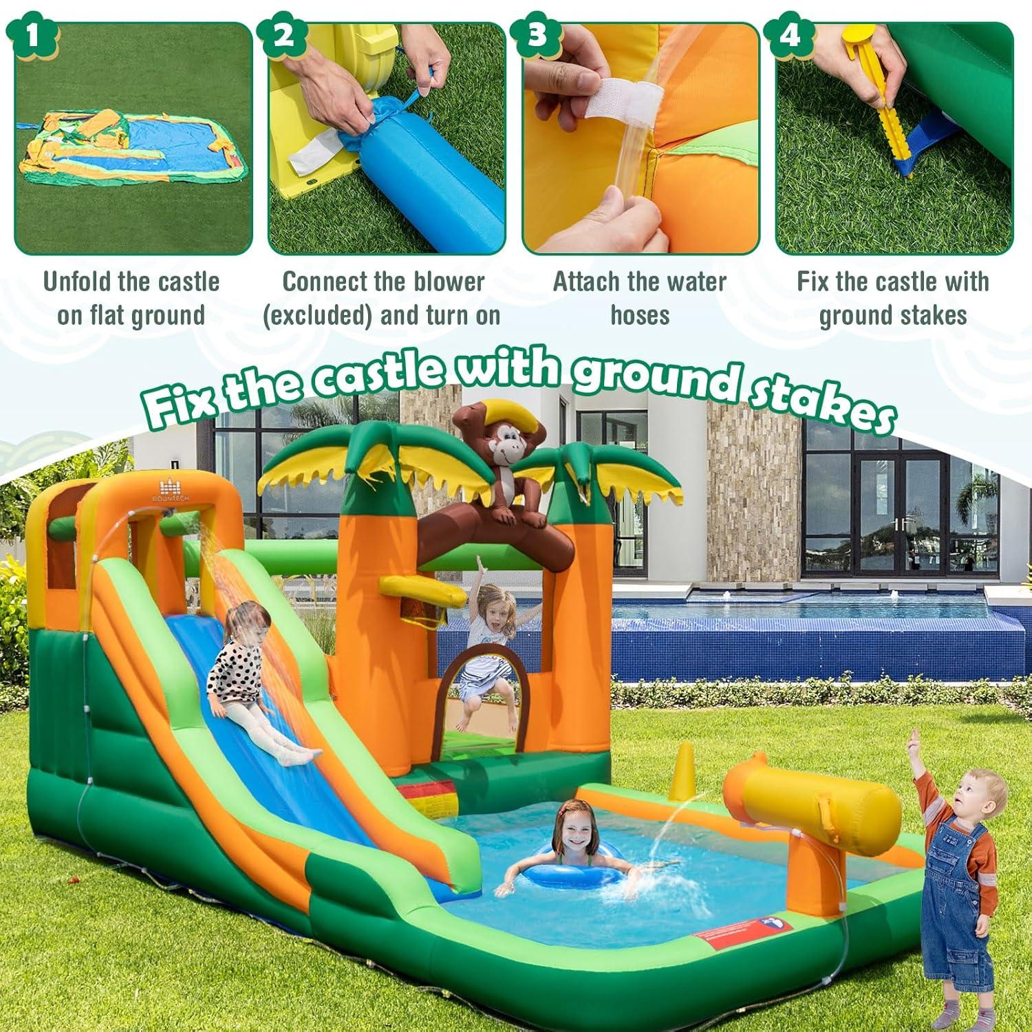 Costway Inflatable Water Slide Park Monkey Bounce House Splash Pool with 735W Blower