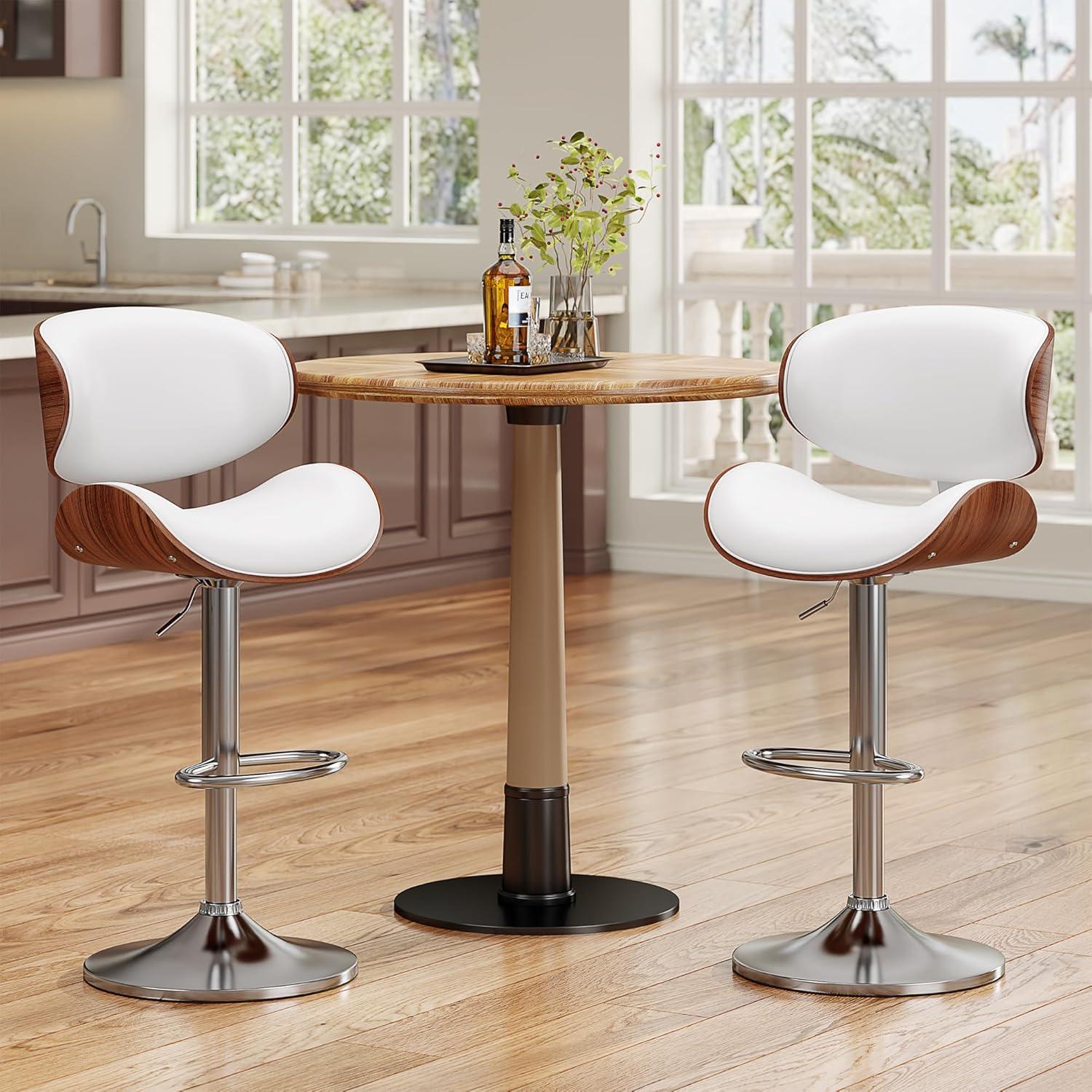 Fijinhom Bar Stools Set of 2, Adjustable Swivel Barstools with Bentwood Back & Leather Seat for Kitchen, Bar, Dining Room