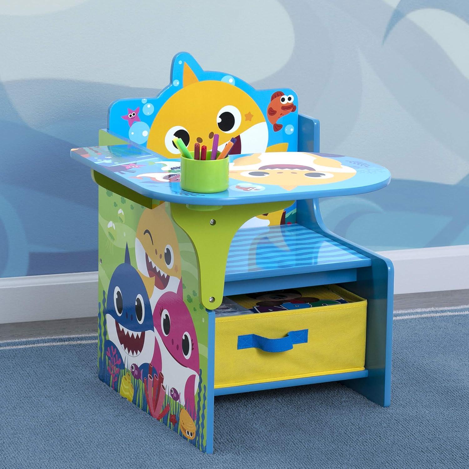 Baby Shark Blue and Yellow Wood Chair Desk with Storage Bin