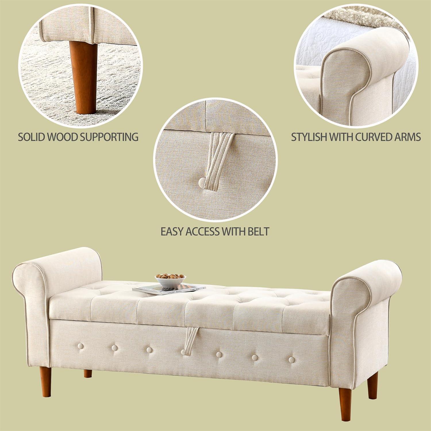 62"" Bedroom Tufted Button Storage Bench, Long Linen Upholstered Storage Ottoman Bench with Rolled Armrest, End of Bed Bench, Window Bench for Bedroom, Living Room, Entryway (Beige), 1