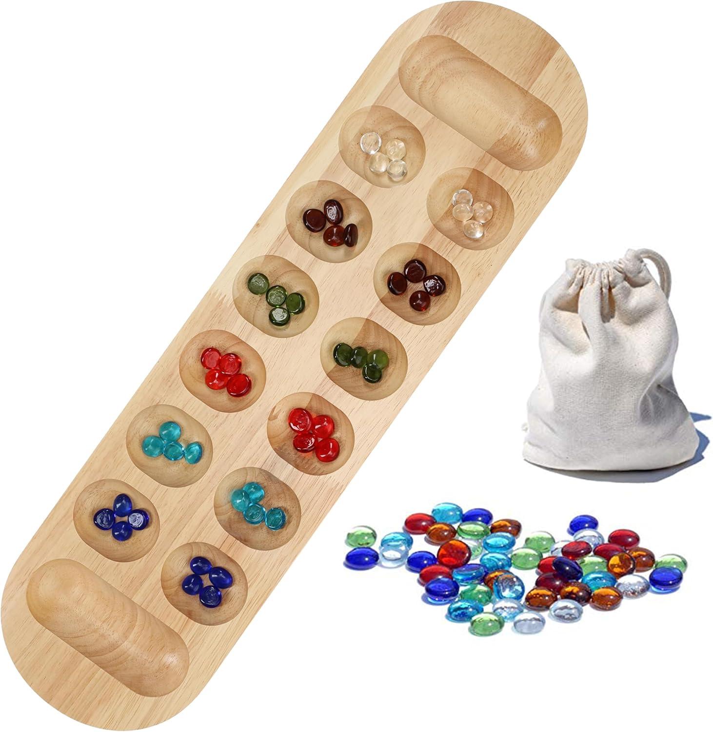 WE Games Mancala Board Game - 22 in., Solid Natural Wood Board and Glass Stones