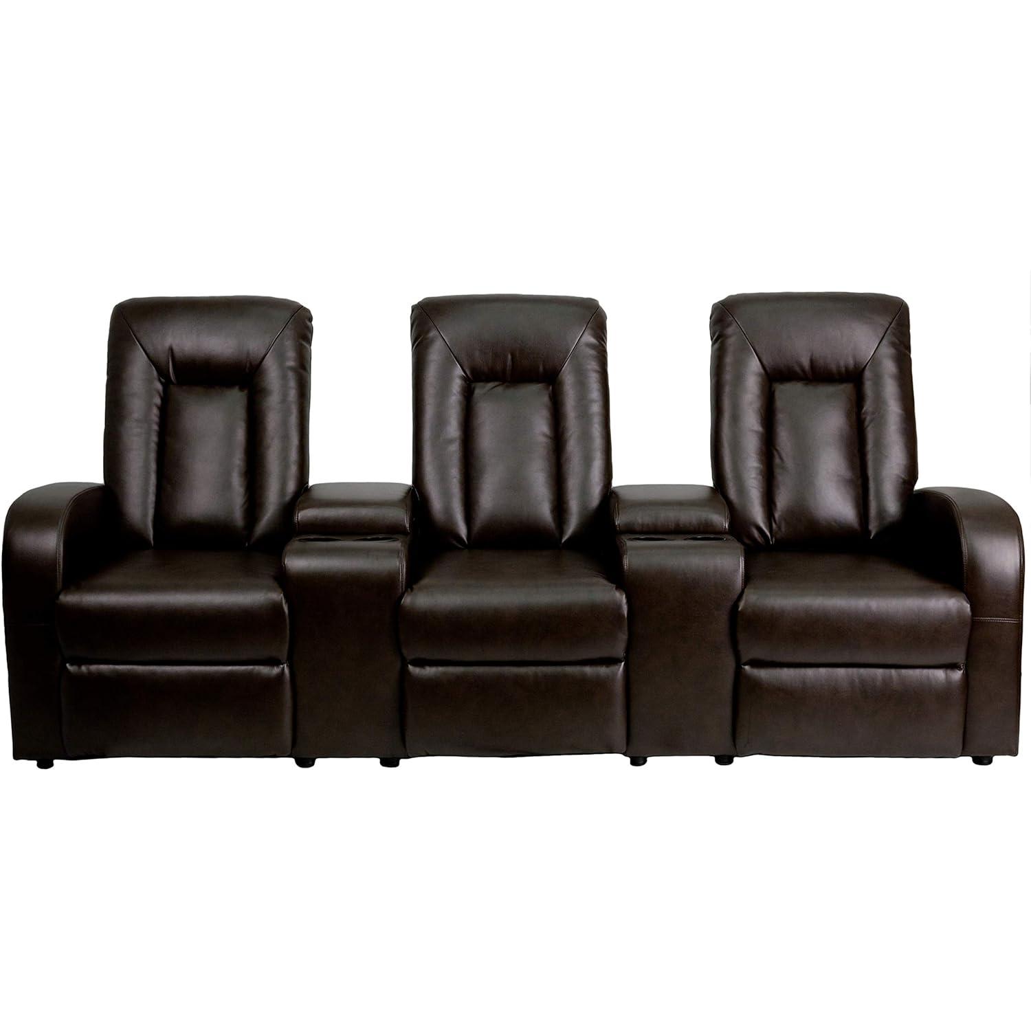 Brown Faux Leather Reclining Theater Seating with Cup Holders