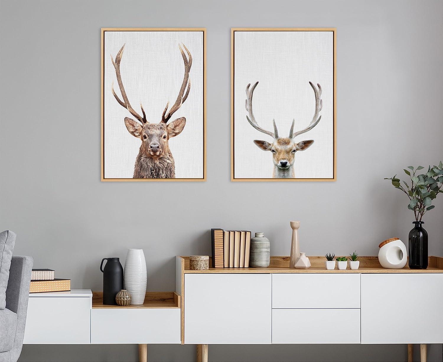 Kate and Laurel Sylvie Deer Color Framed Canvas Wall Art by Simon Te of Tai Prints, 23x33 Natural, Rustic Forest Animal Deer Portrait Art