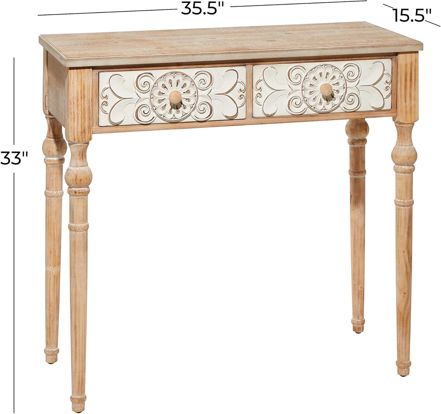 DecMode 36" x 33" Brown Wood Intricately Carved Floral 2 Drawers Console Table, 1-Piece