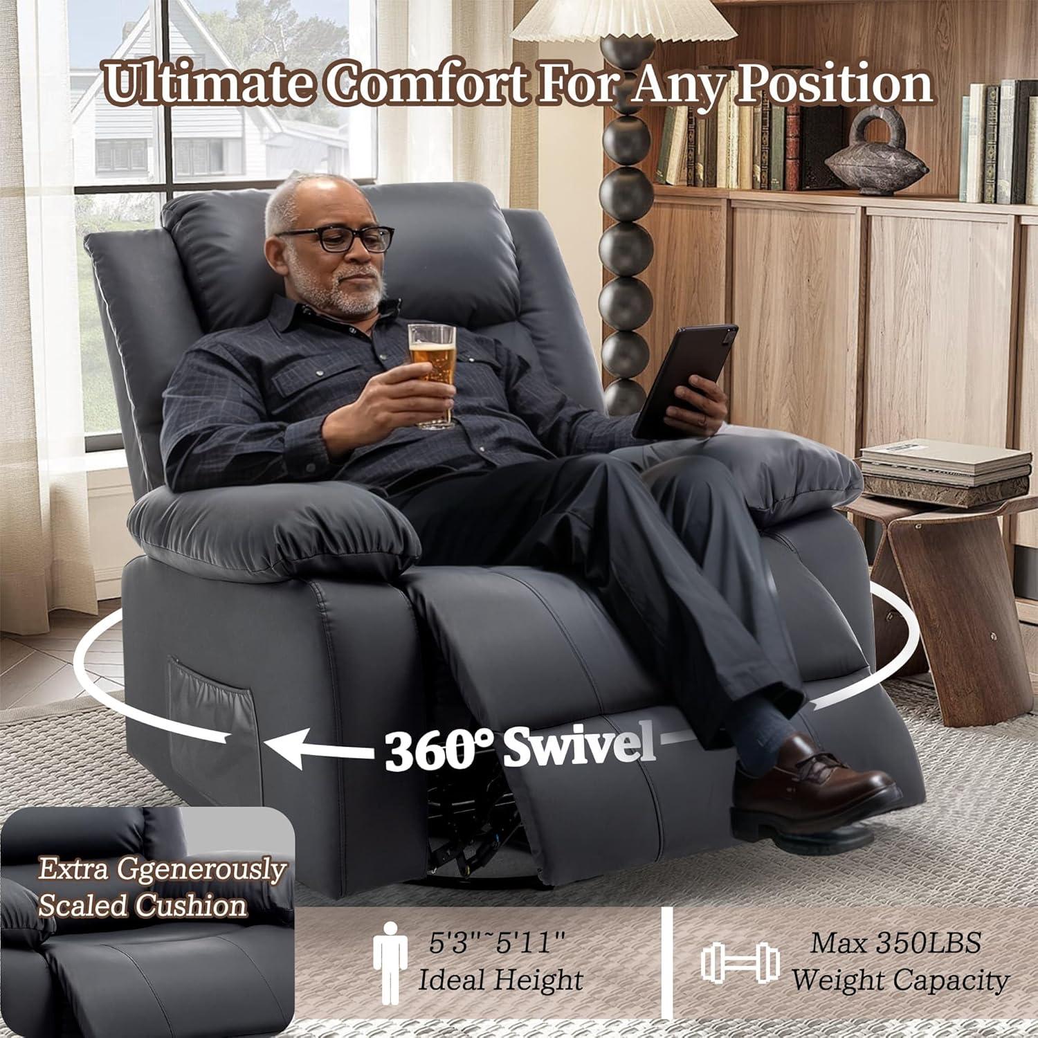 Ebern Designs Ellisse Recliner Chair, Wide Rocker Chair, Rocking Chair with Massage and Heat, 360°Swivel Rocking Chairs, Oversized Recliner for Adult