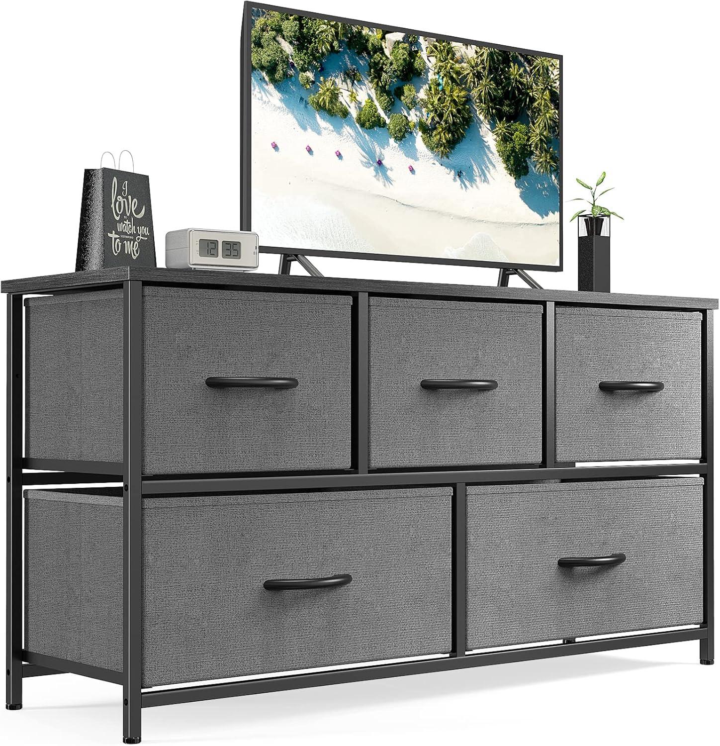 Dresser for Bedroom 5 Fabric Drawers Dresser Clothes Cabinet Storage Organizers and Wood Top Surface Table for TV, Chest of Drawers for Bedroom, Living Room, Hallway, Porch Organization