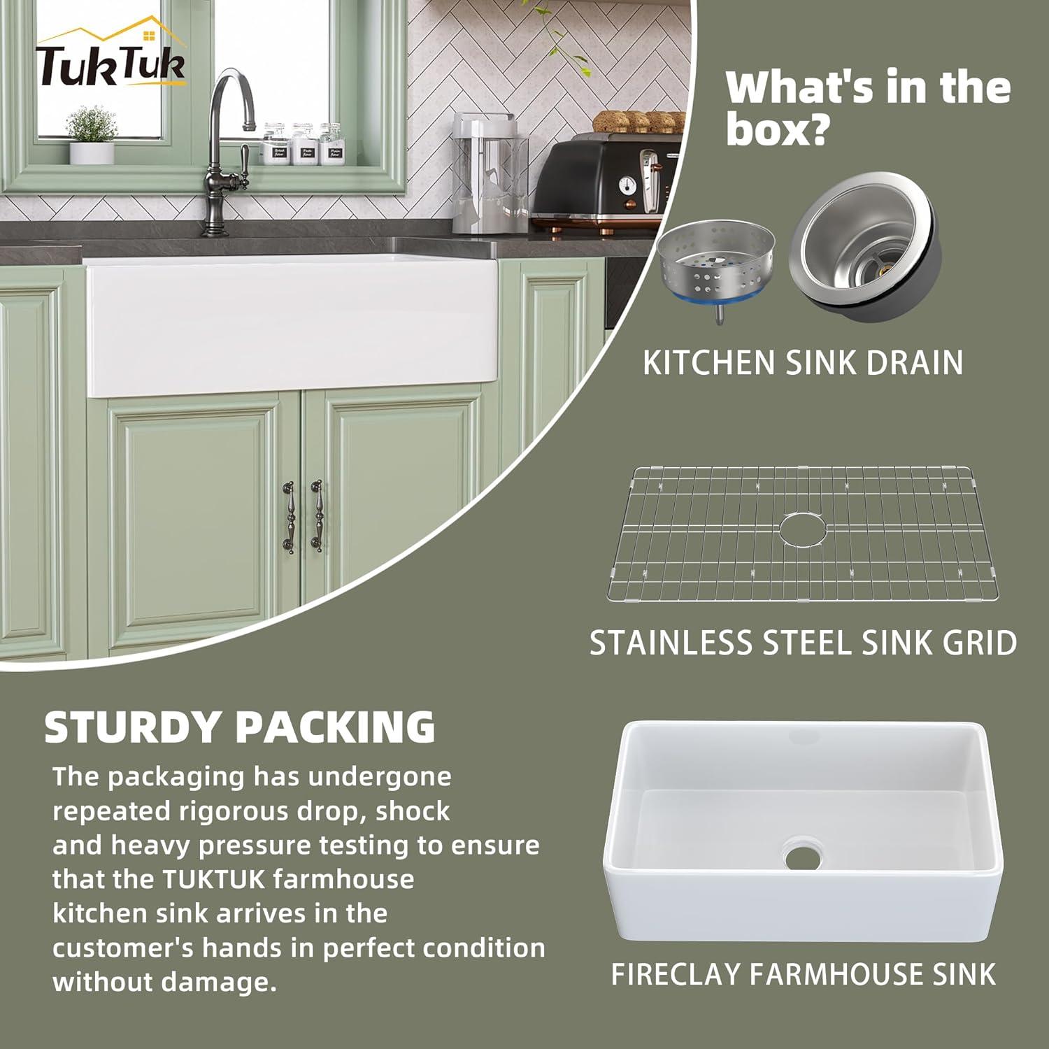 TUKTUK White Farmhouse Sink 30X20 inch Fireclay Farm Sink Apron Undermount Kitchen Sink Single Bowl Extra Wide Large Capacity Drop-in Modern Kitchen Sink with Luxury Bottom Grid & Strainer