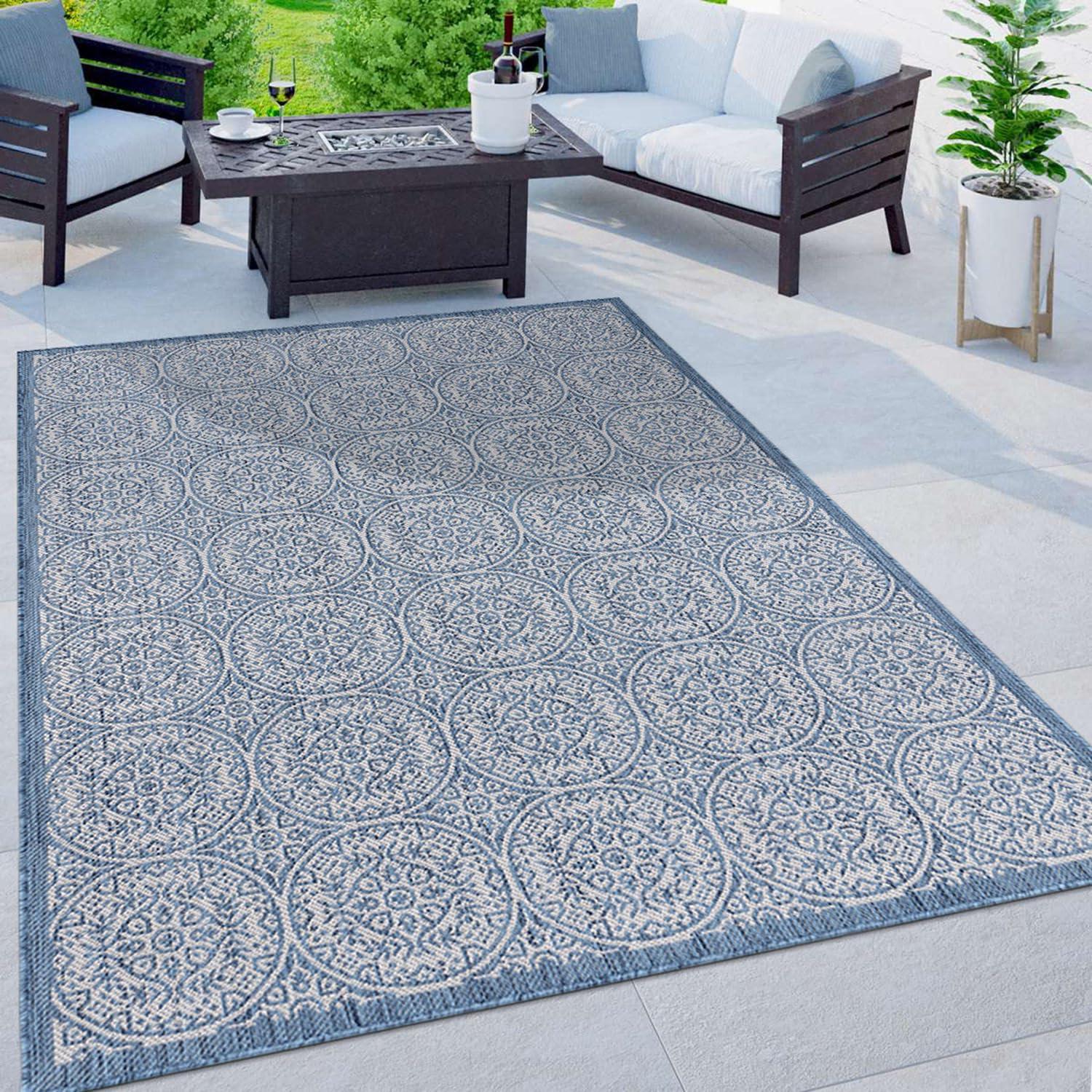 World Rug Gallery Transitional Floral Circles Textured Flat Weave Indoor/Outdoor Area Rug - BLUE 5' X 7'