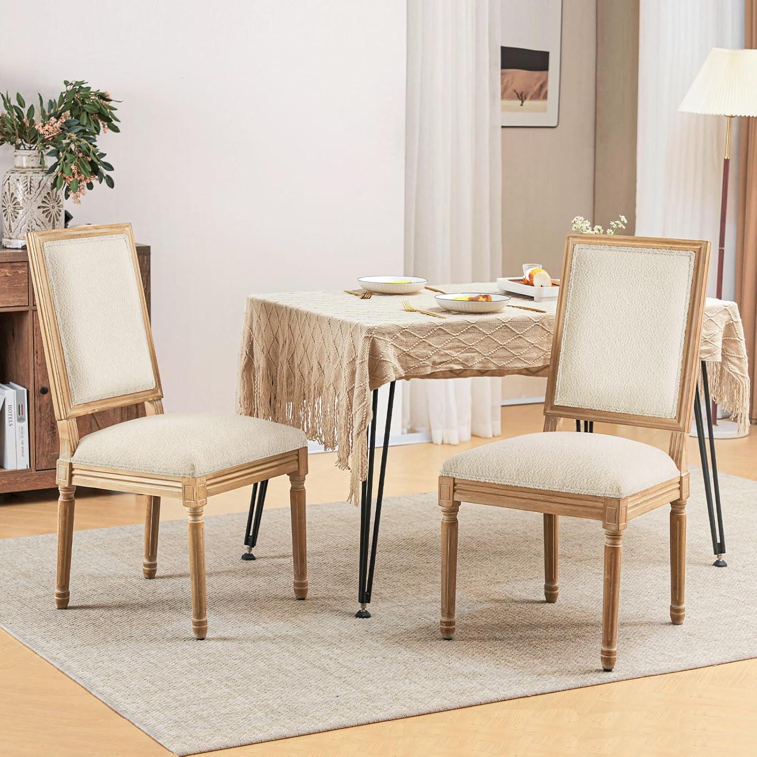 Furniliving French Country Dining Chairs Set of 2, Upholstered Farmhouse Dining Room Chairs, Sherpa Fabric Side Chairs for Kitchen Dining Room, White