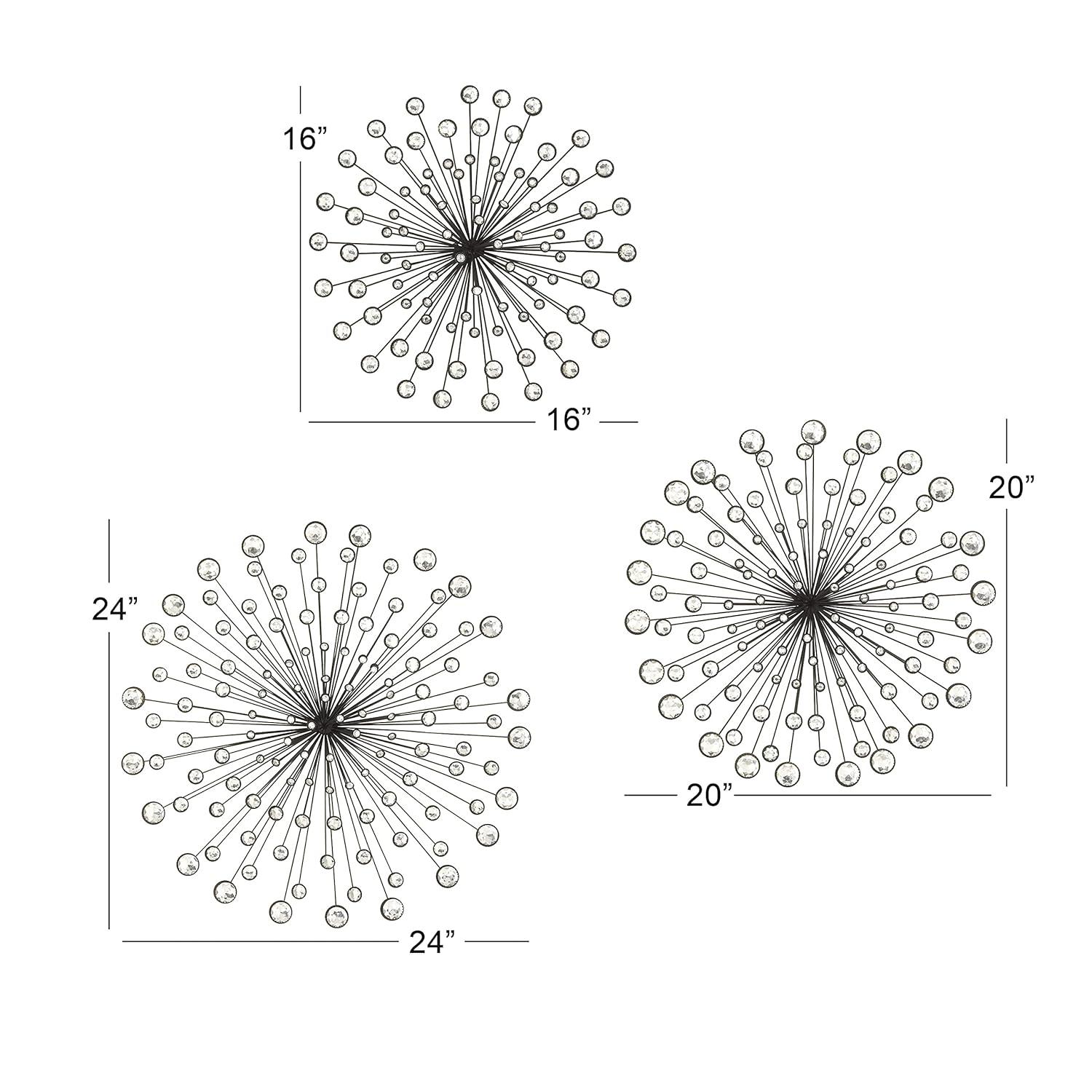 DecMode Black Metal Starburst Wall Decor with Crystal Embellishments (3 Count)