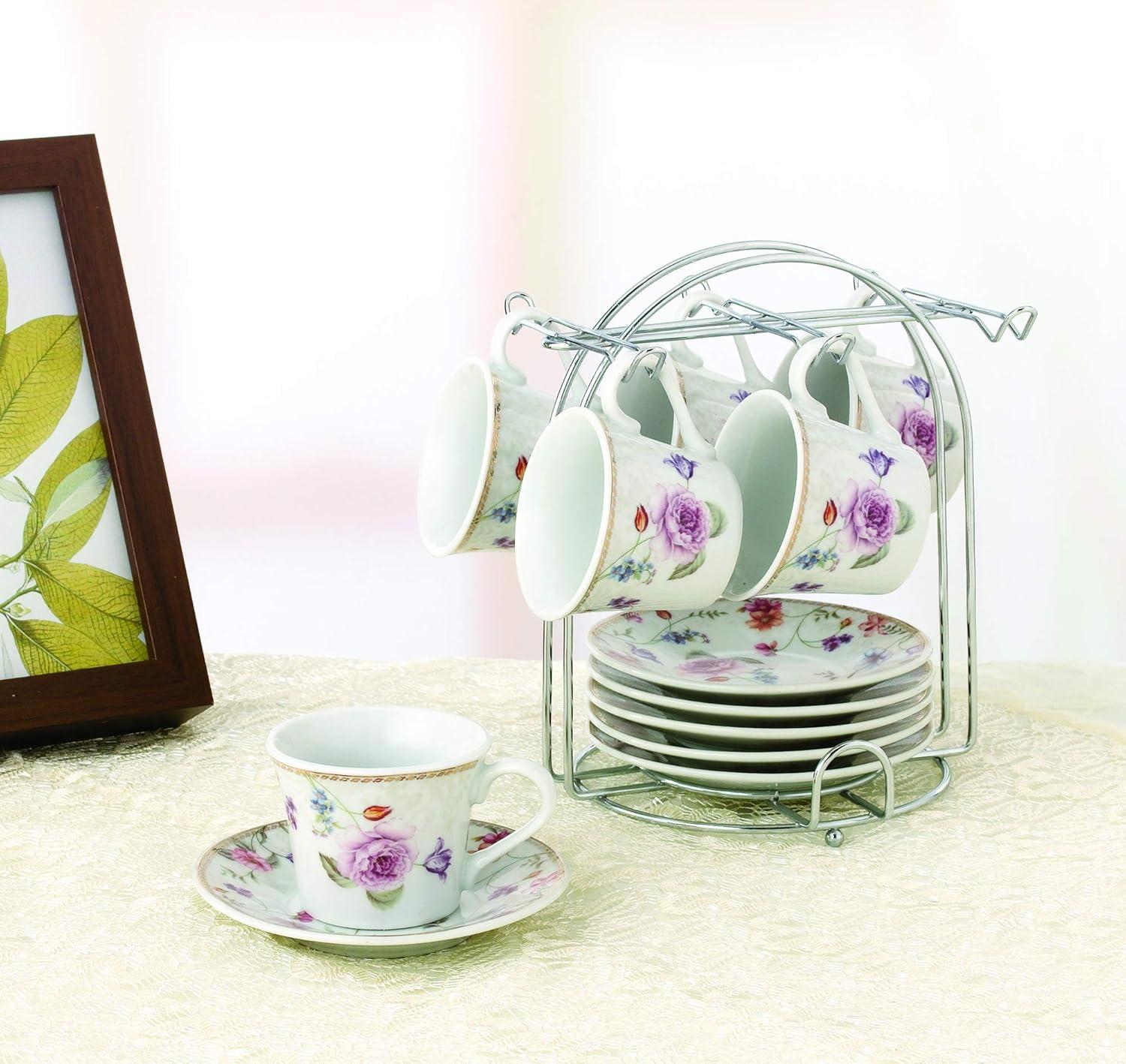 Floral Ceramic Espresso Cups with Saucers and Stand, 13-Piece Set