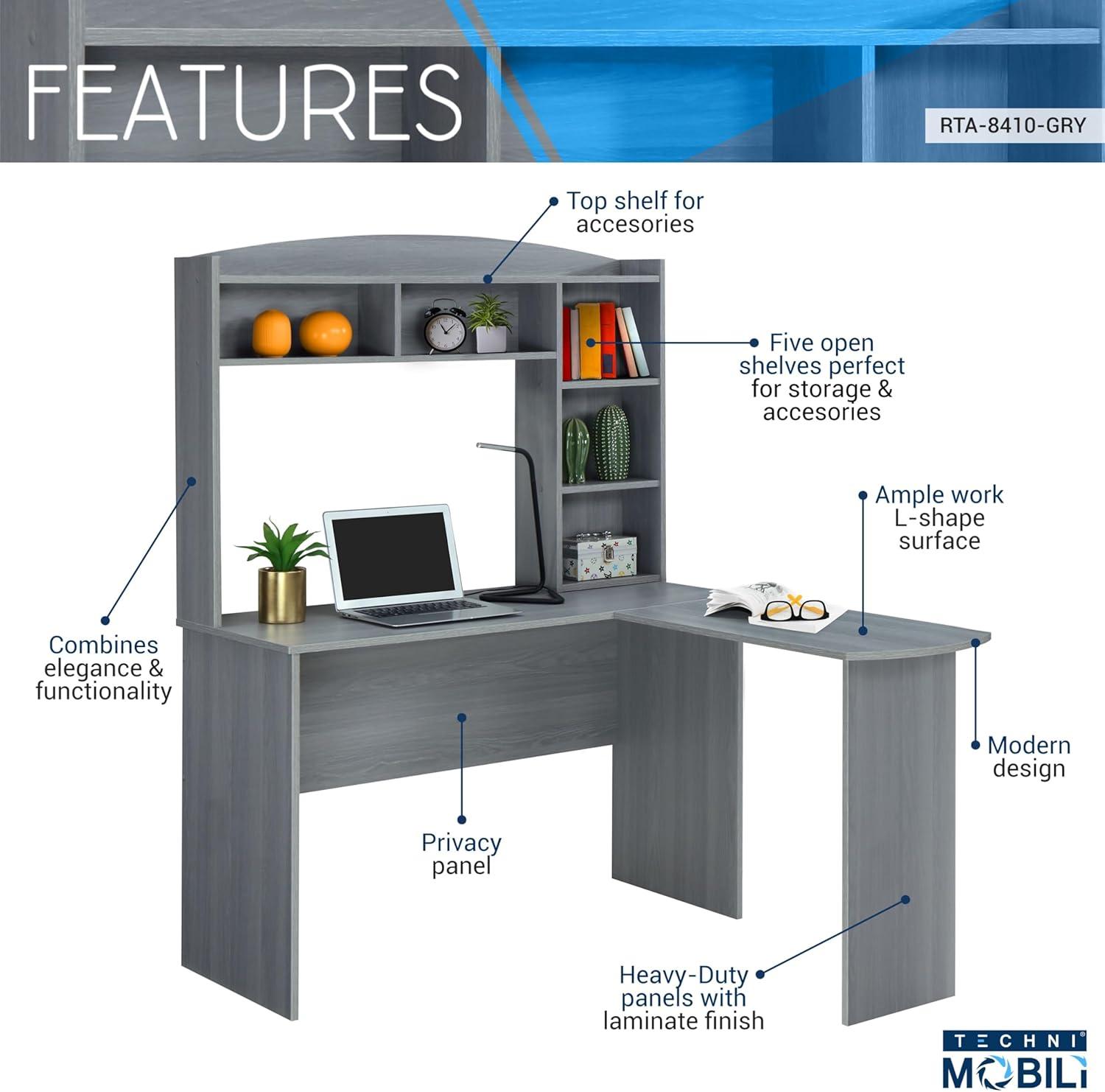 Modern L Shaped Desk with Hutch Gray - Techni Mobili