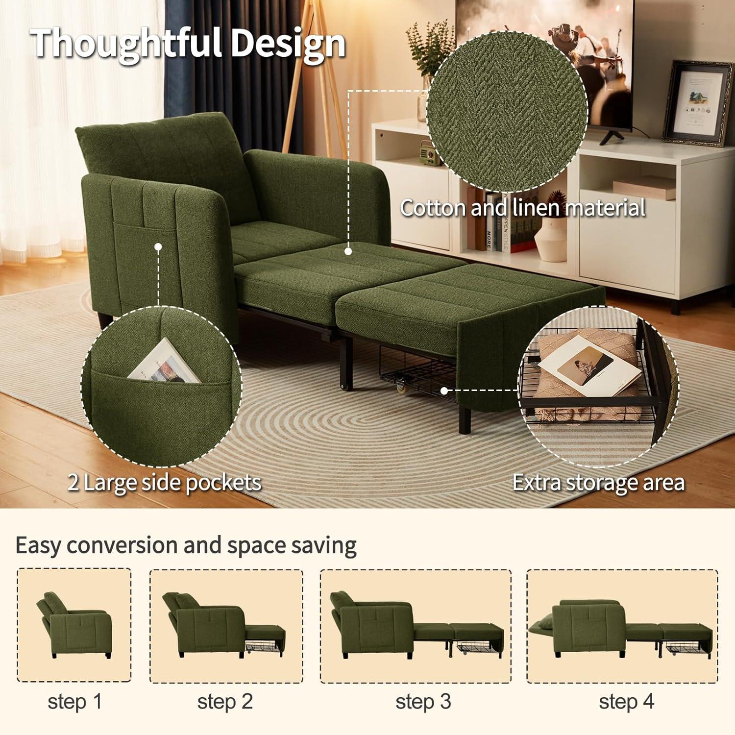 Sleeper Chair 84" Extra Long Convertible Chair Bed Upgraded 3-in-1 to 4-in-1 Pull Out Chair & Single Sofa Bed for Adult Sleeping Chair for Living Room Small Space (Modern Green)