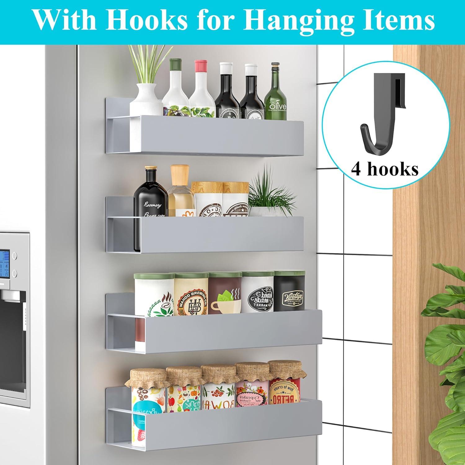 4 Pack Magnetic Spice Rack Organizer for Refrigerator and Oven, Gray Metal Strong Magnetic Shelf for Fridge Organizers and Storage, YSWJ-107