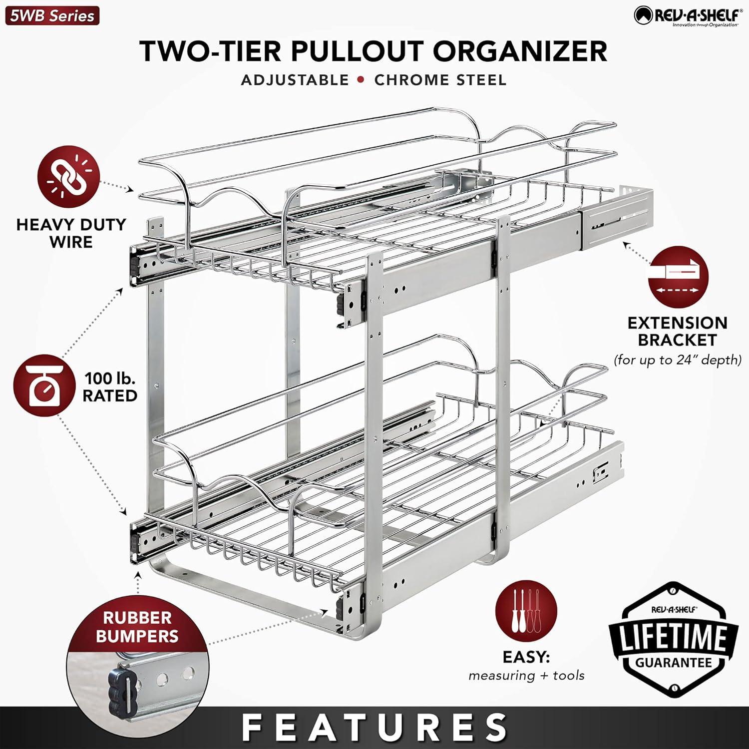 Rev-A-Shelf 5WB2 2-Tier Wire Basket Pull Out Shelf Storage for Kitchen Base Cabinet Organization, Chrome