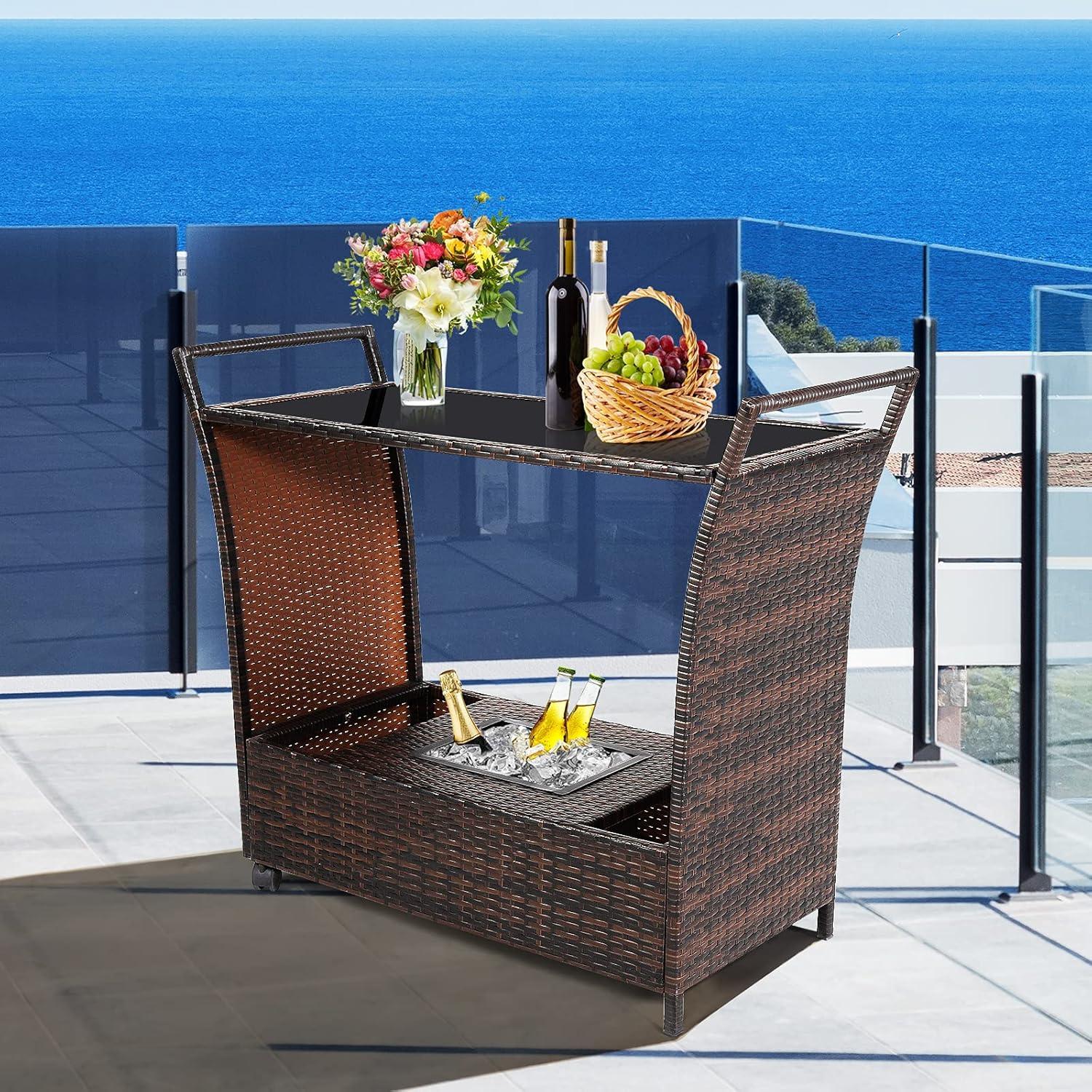 RELAX4LIFE Outdoor Wicker Bar Cart with Removable Ice bucket, Patio Serving Counter Table with Glass Top & Wheels, Storage Compartments Rattan Rolling Trolley for Pool, Backyard,Porch Wine Cart, Brown