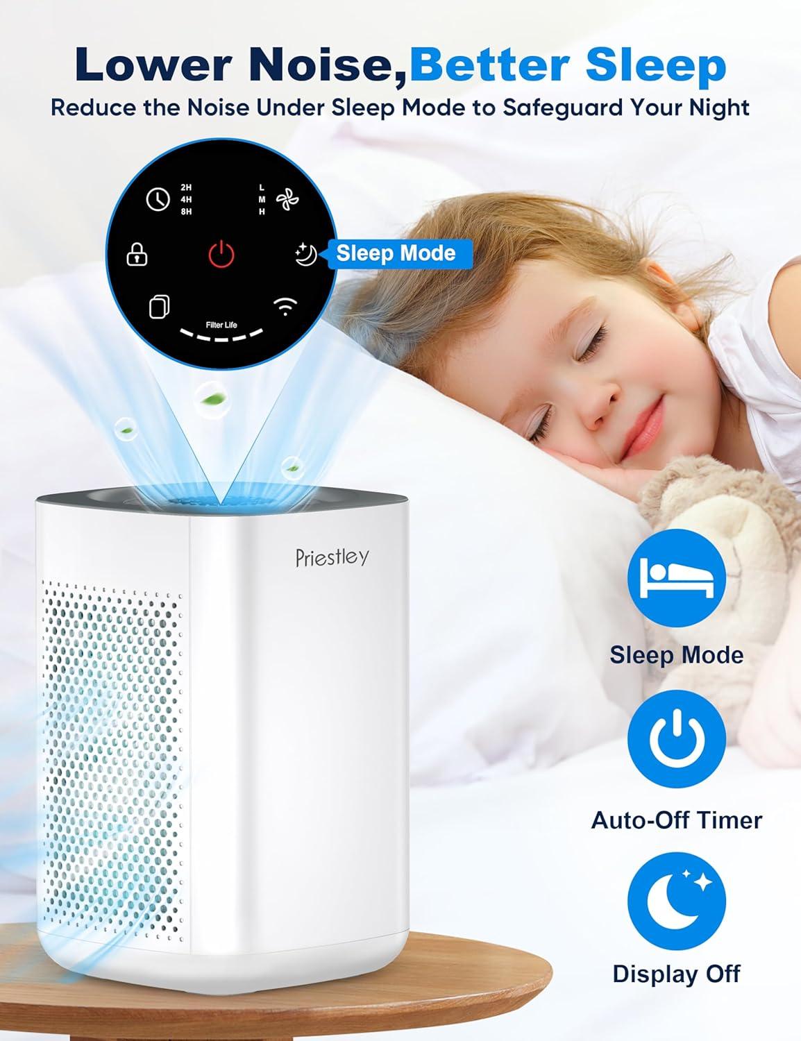 Priestley Air Purifier for Bedroom, Home, Dorm Up to 1100Ft², Smart WiFi Air Purifiers, 3-in-1 Air Filter with HEPA Sleep Mode, Remove Dust Smoke Pollutants Odor Pet Dander