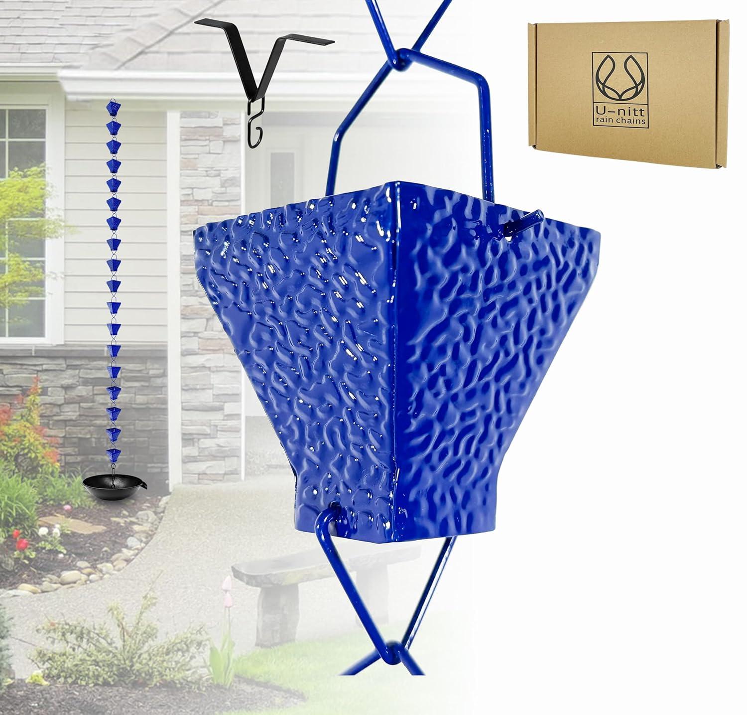 U-nitt Rain Chains, Roof Gutter Downspout Channel, Rainwater Catcher/Diverter, 8.5 FT, Metal, Blue Powder Coated, Texture Square, Modern, 5517BLU