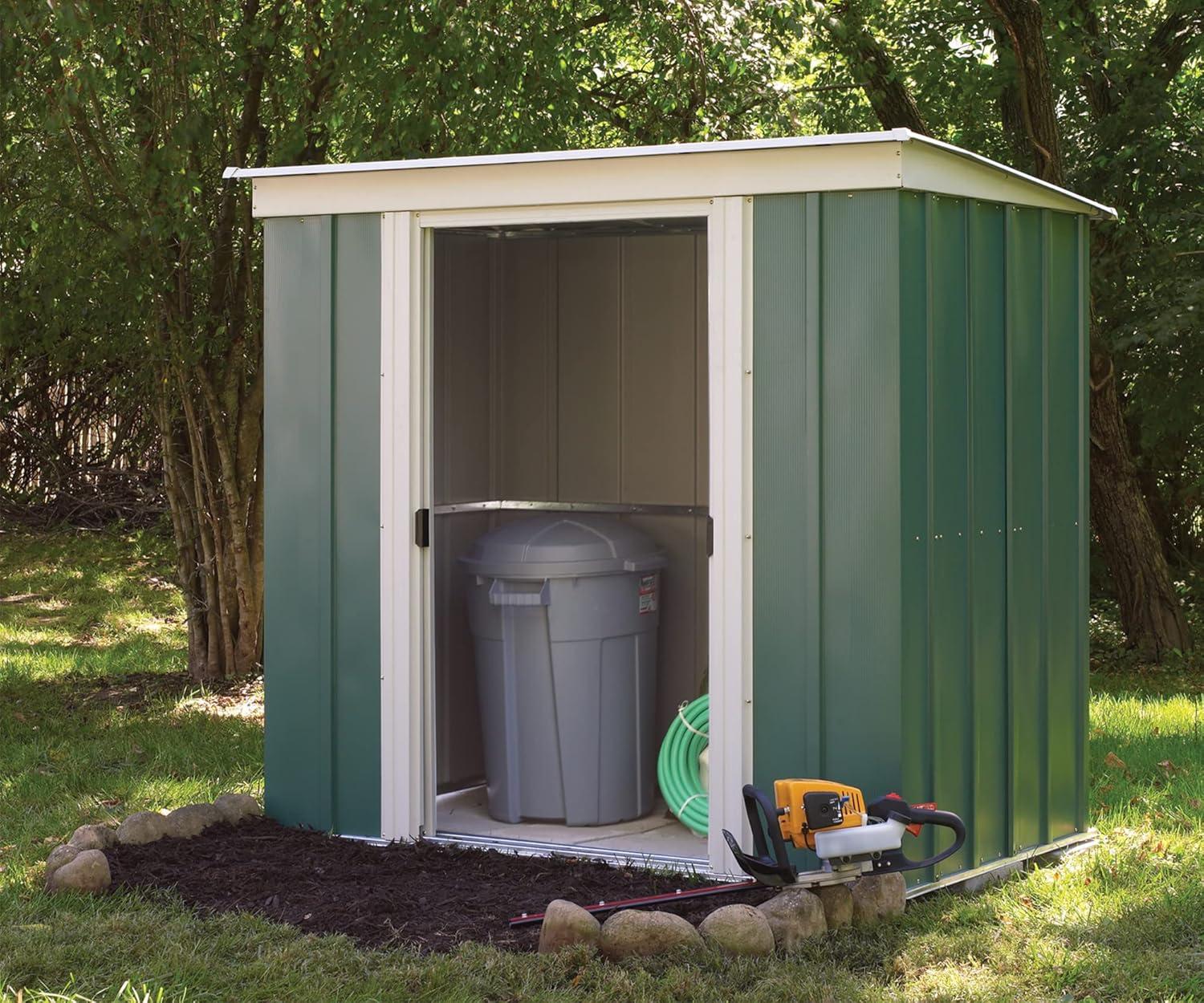 Eggshell and Green Steel Outdoor Storage Shed with Sliding Doors