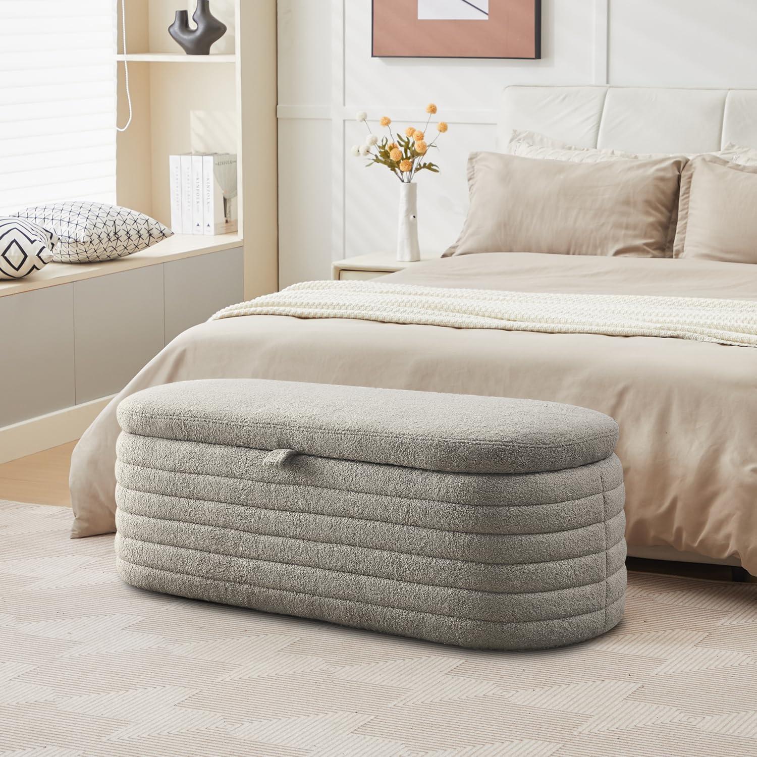 Gray Upholstered Fabric Storage Ottoman Bench with Safety Hinge