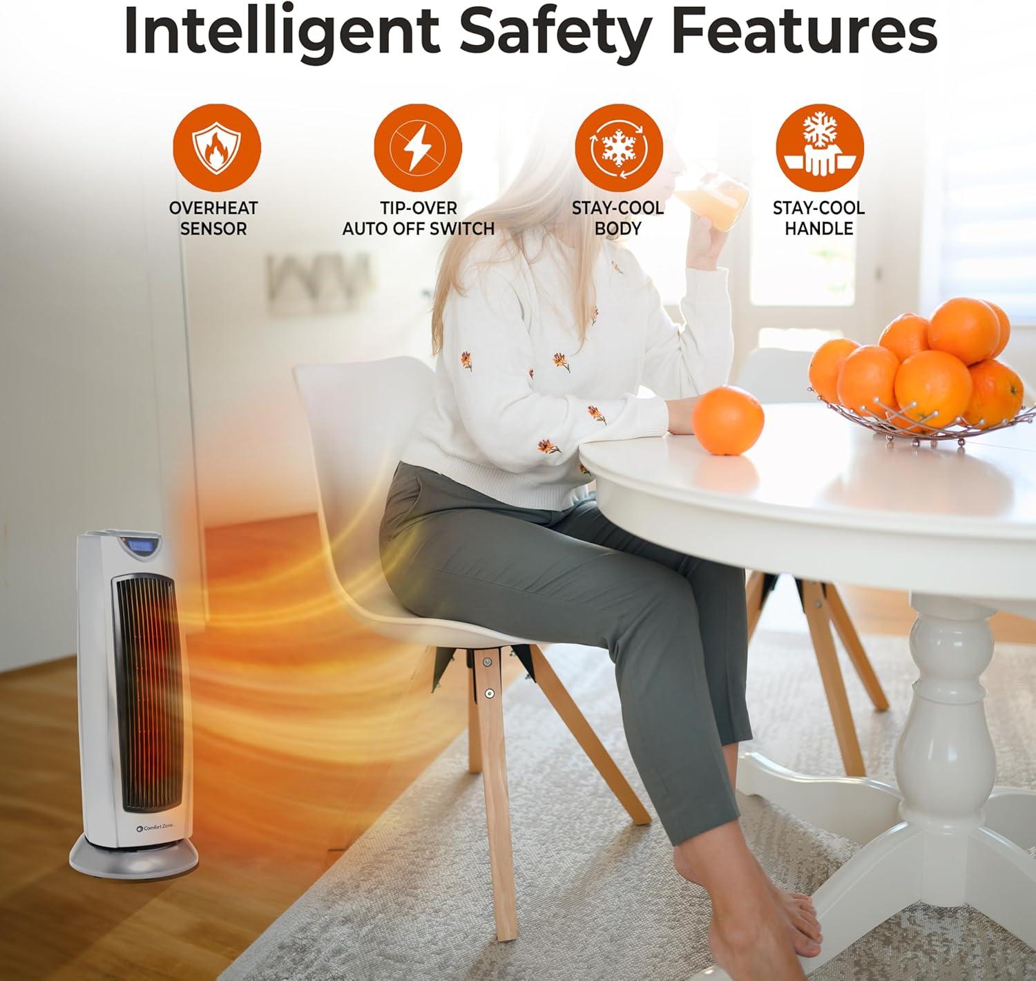 Comfort Zone Portable 1500W Ceramic Oscillating Digital Tower Space Heater