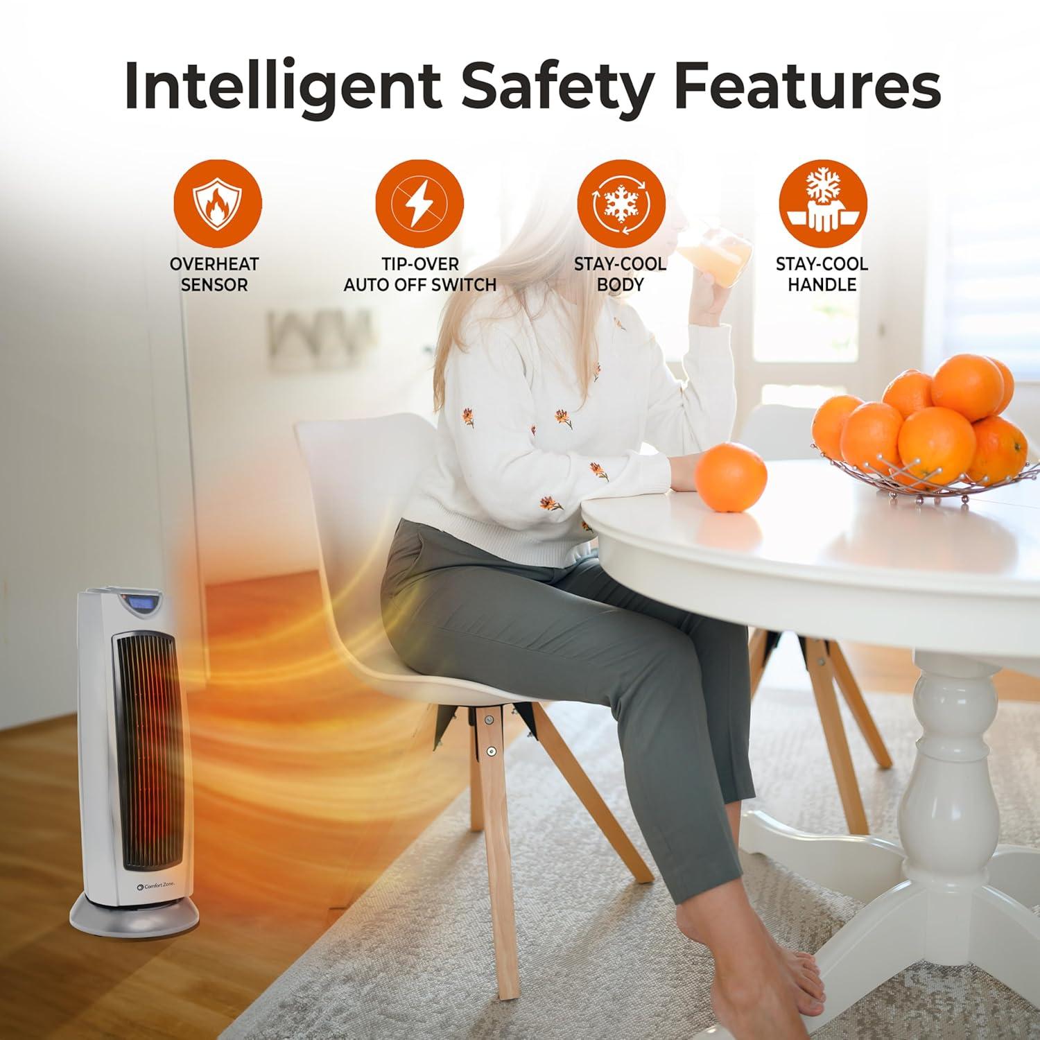 Comfort Zone Portable 1500W Ceramic Oscillating Digital Tower Space Heater