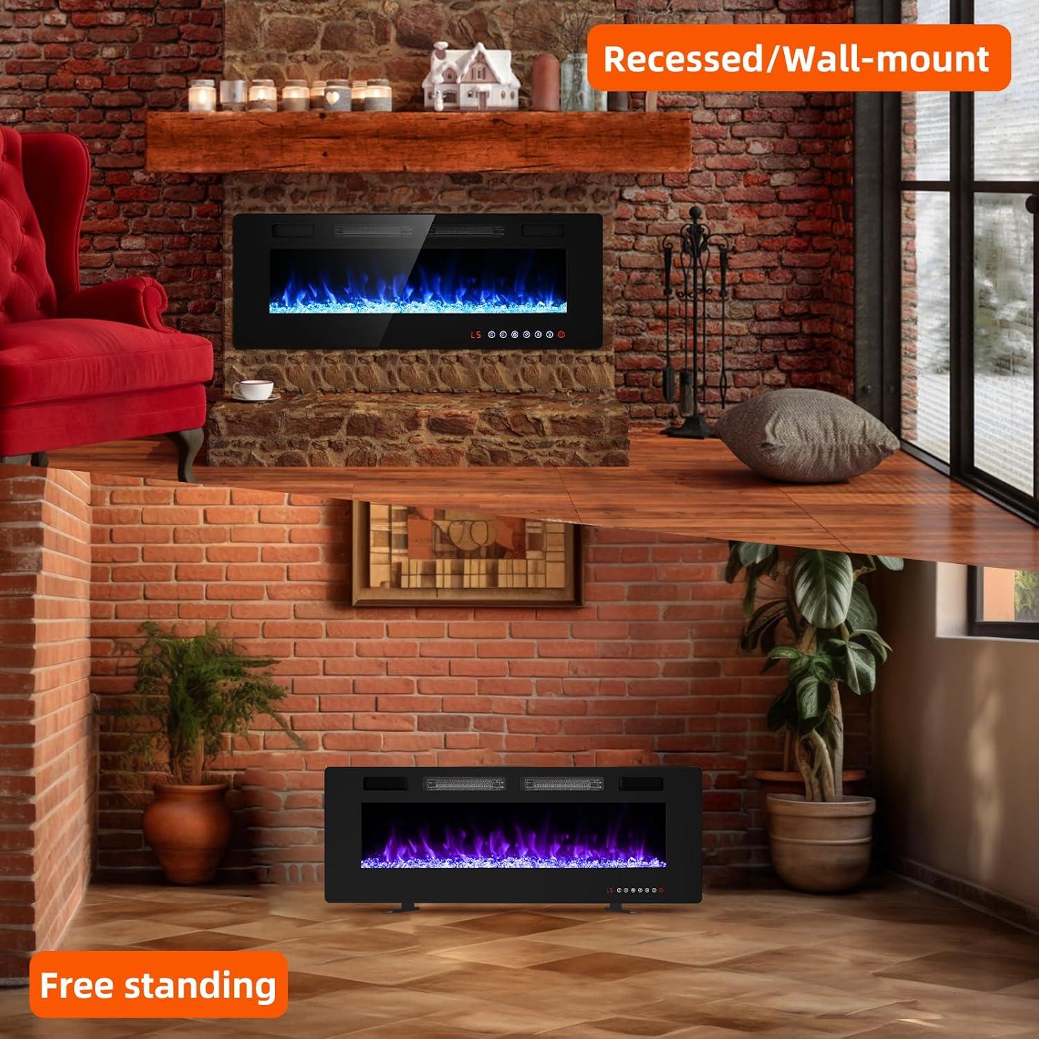 Ultra-Thin Black Glass Wall Mounted Electric Fireplace 50 Inch