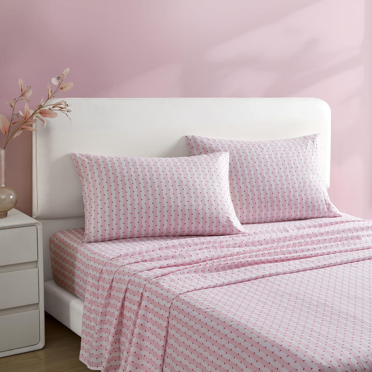 Twin Pink Microfiber Heart Print Sheet Set