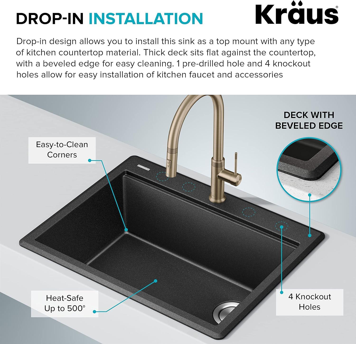 KRAUS Bellucci Granite Composite Workstation Drop-In Top Mount Single Bowl Kitchen Sink with Accessories