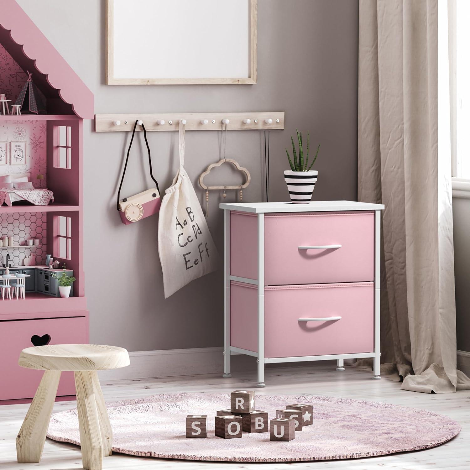 Sorbus Nightstand with 2 Drawers - Kids Bedside Furniture End Table Night Stand - Steel Frame, Wood Top & Easy Pull Fabric Bins - Dresser & Chest for Home, Bedroom Accessories, Office & College Dorm