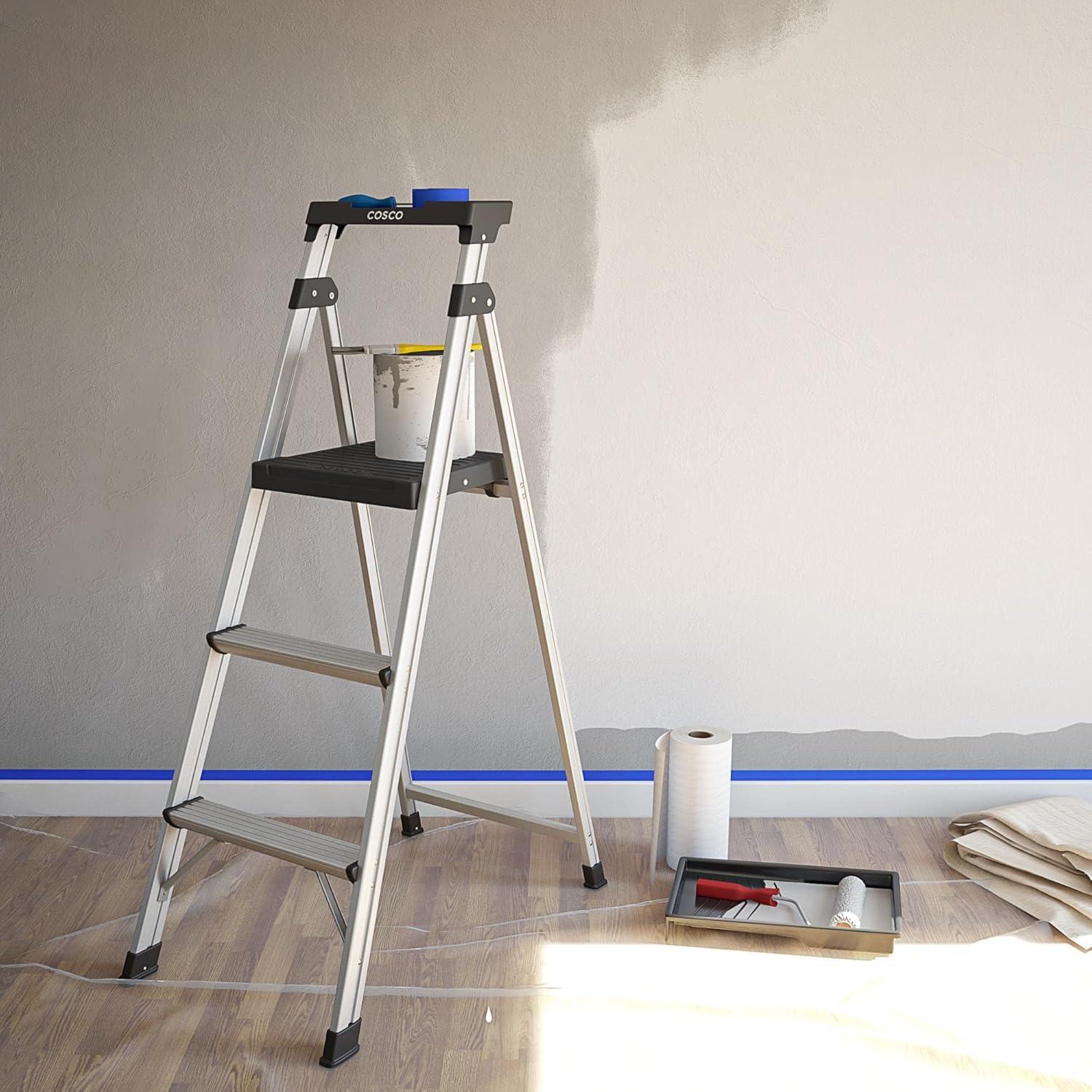 Cosco 3-Step Lightweight Aluminum Folding Step Ladder with Non-Marring Leg Tips, Slip-Resistant Platform, ANSI Rated 225 lbs, Home Furniture and Furnishings