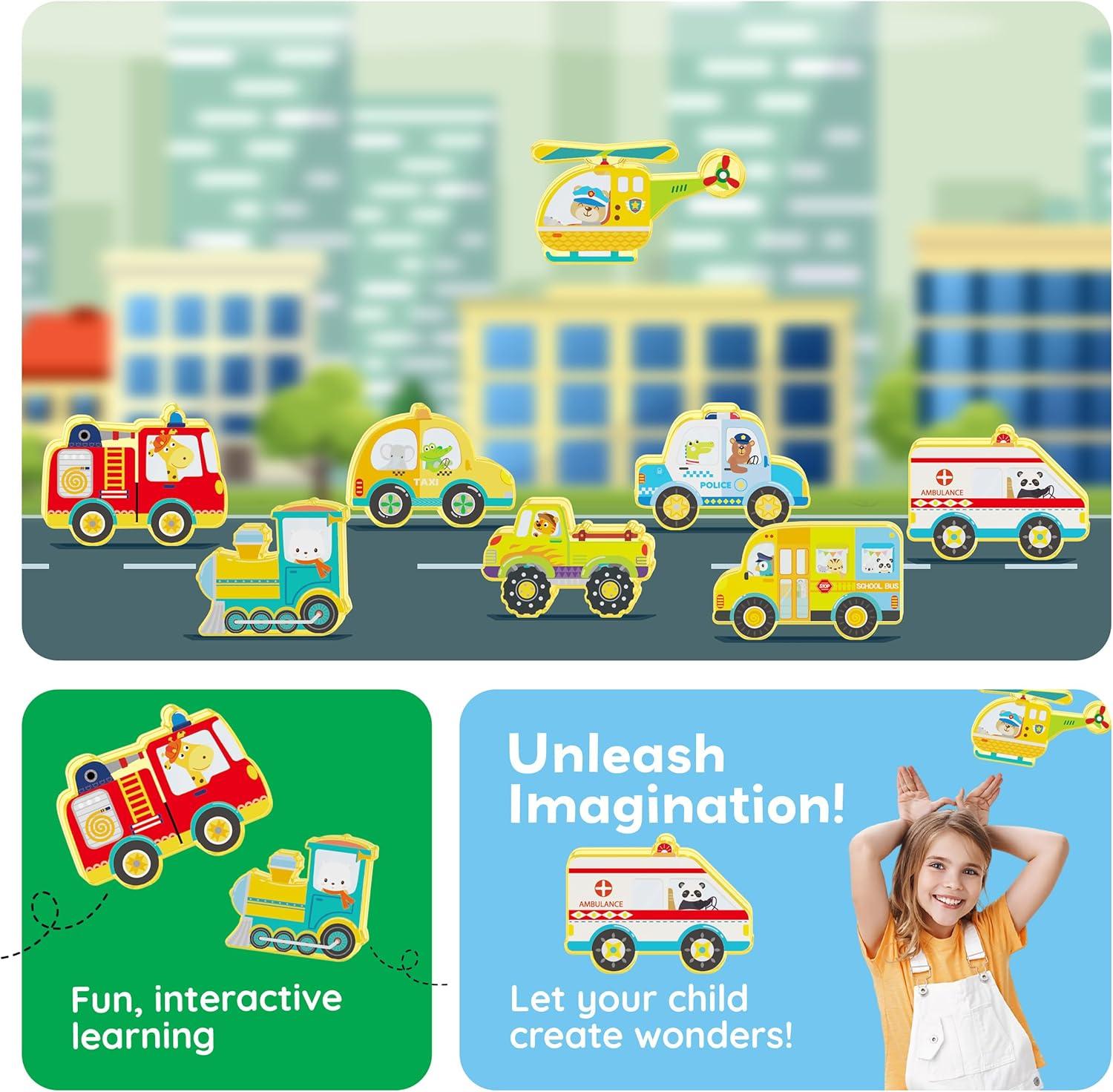 Picasso-TILES 8 PC Metro City Vehicle Themed, Magnetic Tiles, Building Blocks, STEM Toys for Kids 3+